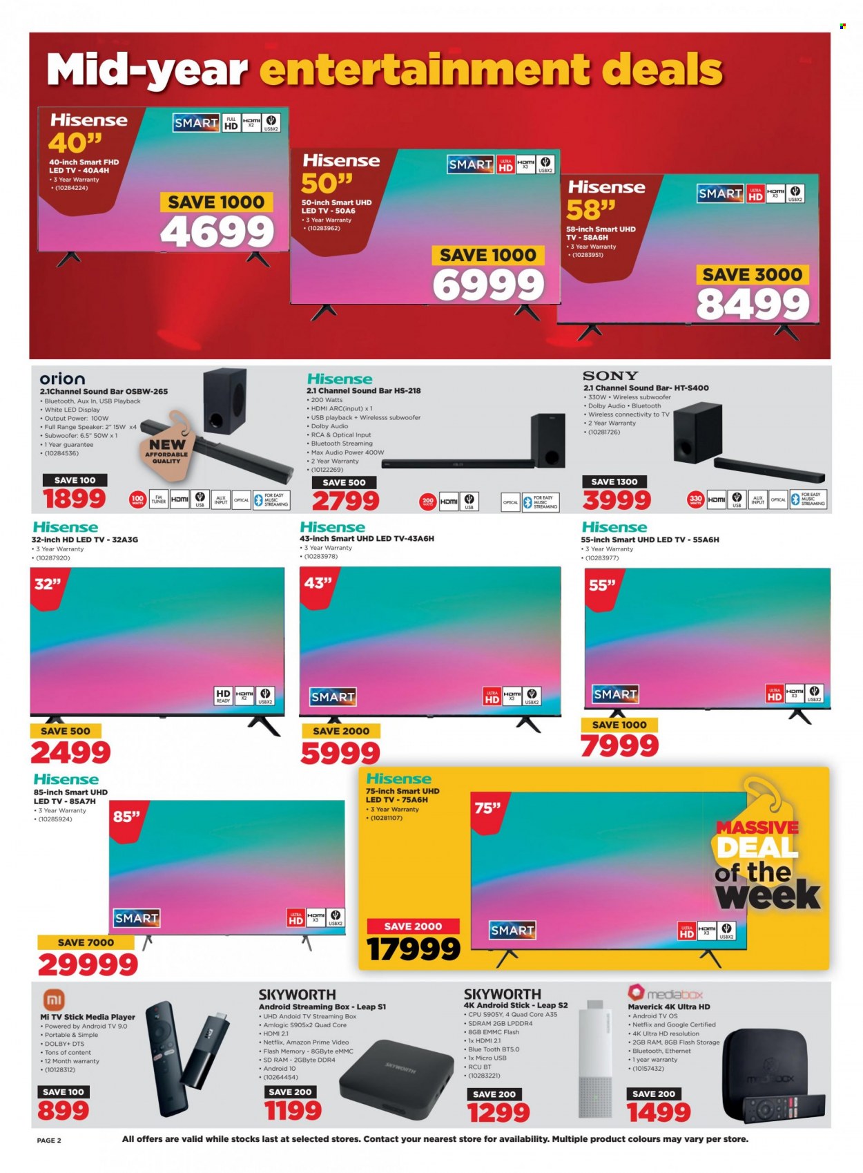 thumbnail - HiFiCorp catalogue  - 24/05/2023 - 31/05/2023 - Sales products - Sony, Hisense, RCA, Android TV, LED TV, smart tv, UHD TV, ultra hd, Skyworth, media player, streaming box, speaker, subwoofer, wireless subwoofer, sound bar, TV stick. Page 2.