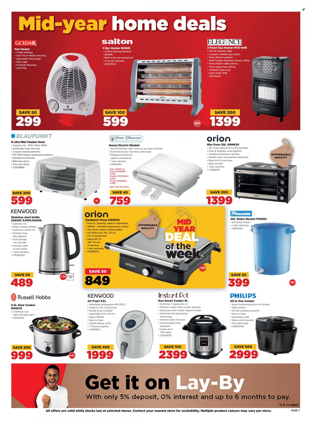 thumbnail - HiFiCorp catalogue  - 24/05/2023 - 31/05/2023 - Sales products - Philips, water heater, slow cooker, pressure cooker, air fryer, Instant Pot, Kenwood, Russell Hobbs, rice cooker, sandwich press, kettle, electric blanket, gas heater, fan heater. Page 7.