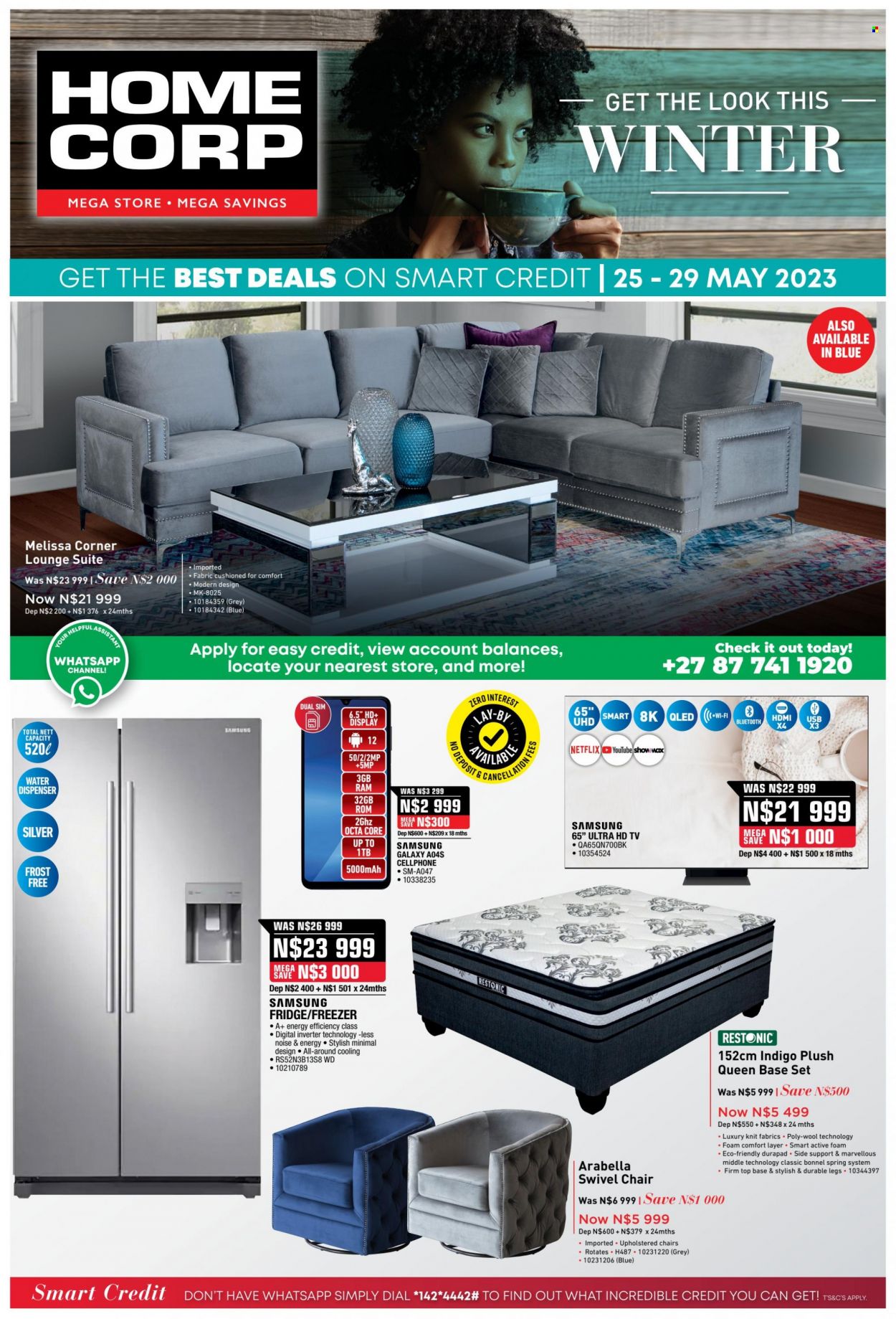 thumbnail - HomeCorp catalogue  - 25/05/2023 - 29/05/2023 - Sales products - chair, swivel chair, lounge suite, lounge, base set, Samsung, UHD TV, ultra hd, HDTV, TV, freezer, refrigerator, fridge, water dispenser. Page 1.