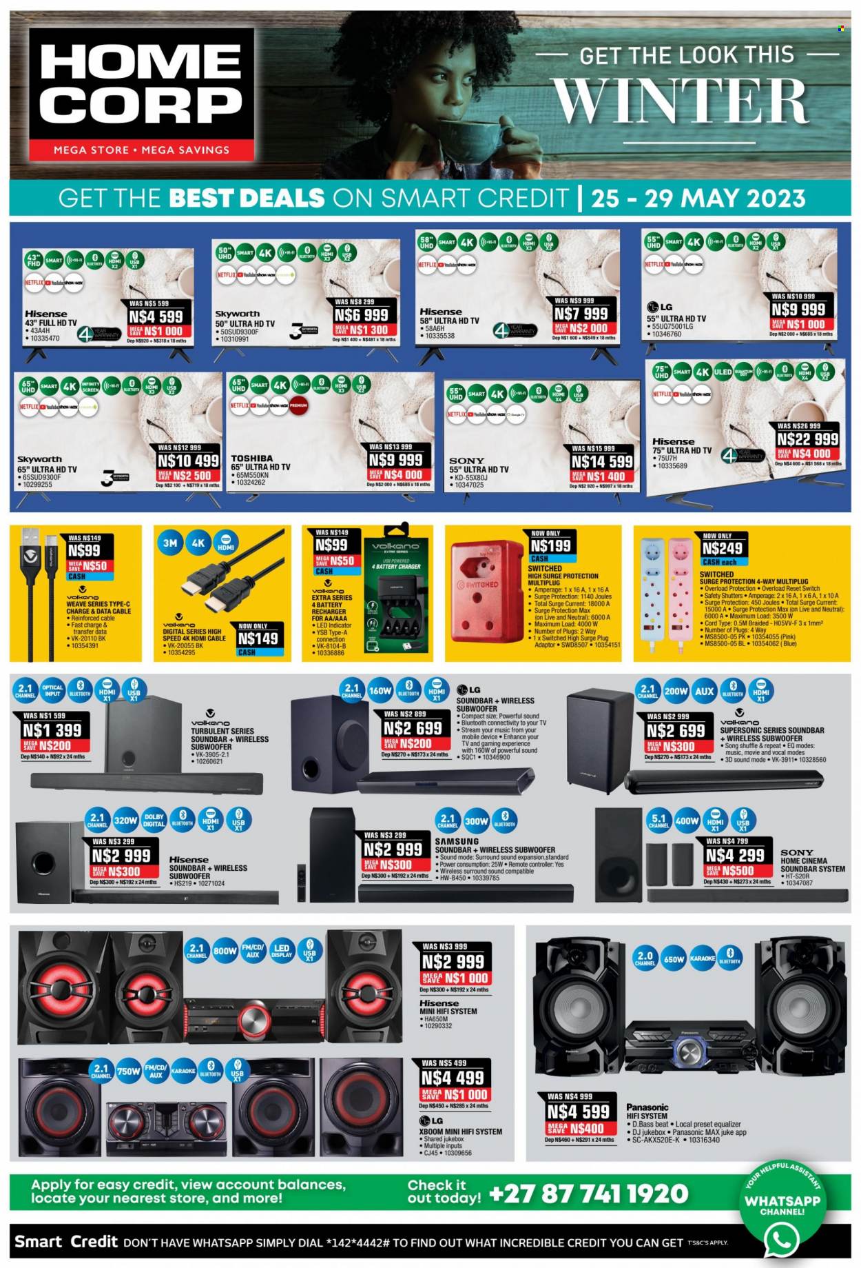 thumbnail - HomeCorp catalogue  - 25/05/2023 - 29/05/2023 - Sales products - Samsung, Sony, Toshiba, UHD TV, ultra hd, HDTV, Hisense, Full HD TV, TV, Skyworth, home theater, subwoofer, wireless subwoofer, sound bar, soundbar system, Volkano, HDMI cable, battery charger. Page 5.