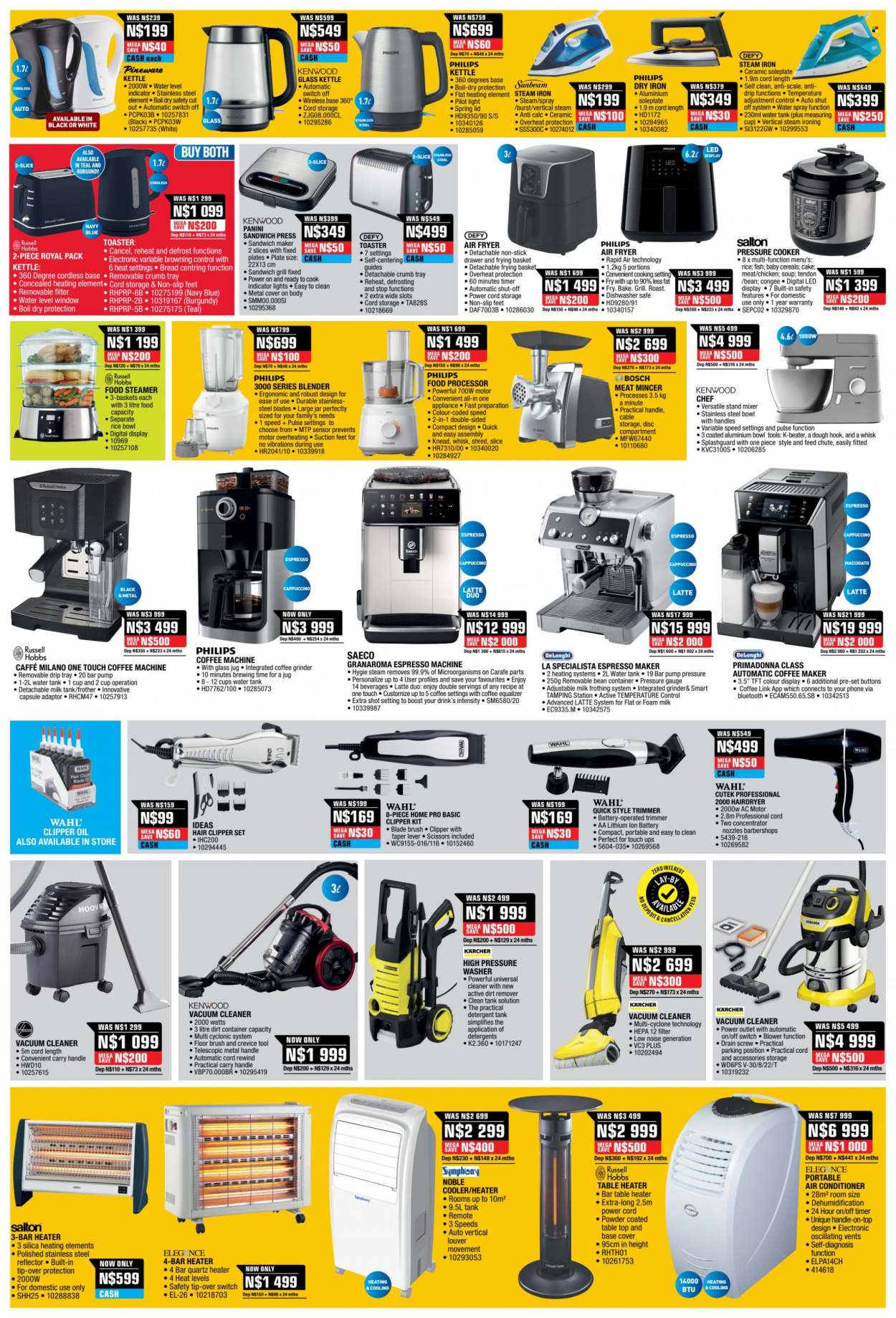 thumbnail - HomeCorp catalogue  - 25/05/2023 - 29/05/2023 - Sales products - table, coctail table, Sunbeam, Philips, Bosch, air conditioner, portable air conditioner, coffee machine, De'Longhi, espresso maker, vacuum cleaner, blender, mixer, stand mixer, pressure cooker, air fryer, Kenwood, Russell Hobbs, food processor, toaster, sandwich press, sandwich maker, kettle, iron, steam iron, grinder, coffee grinder, food steamer, scale, basket. Page 7.