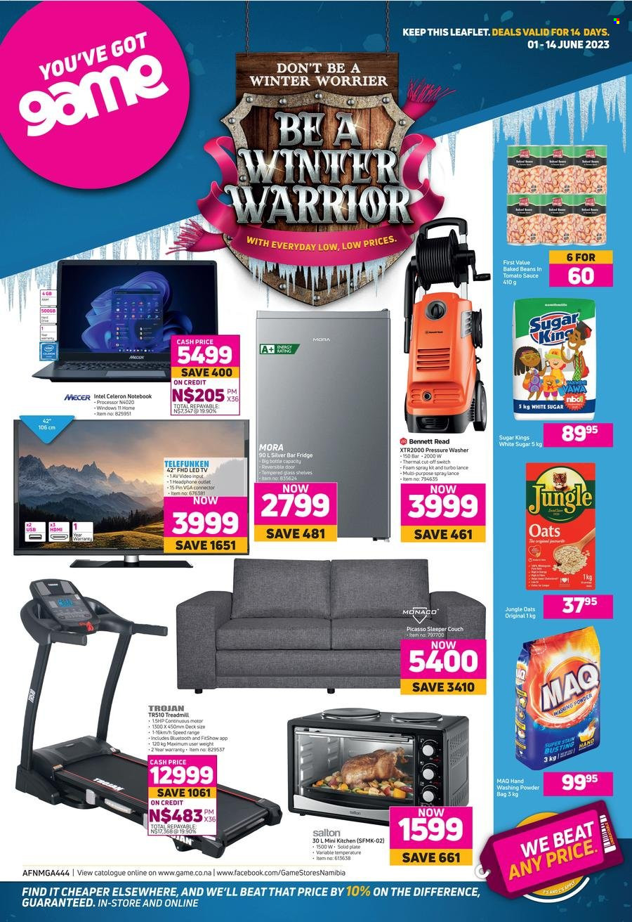 thumbnail - Game catalogue  - 01/06/2023 - 14/06/2023 - Sales products - beans, sugar, oats, baked beans, jungle oats, switch, laundry powder, plate, laptop, LED TV, TV, headphones, bar fridge, refrigerator, fridge, Bennett Read, mini-kitchen, sofa bed, couch, pressure washer. Page 1.