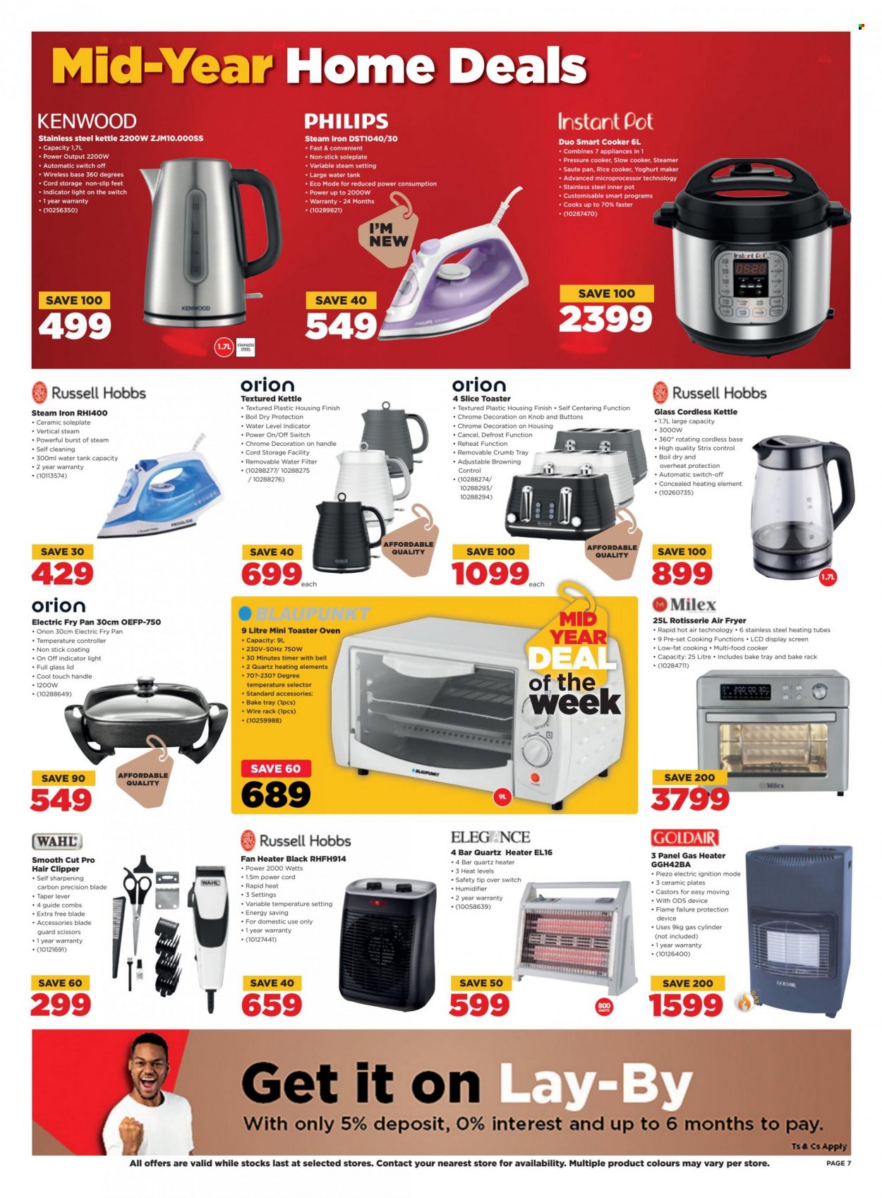 thumbnail - HiFiCorp catalogue  - 01/06/2023 - 05/06/2023 - Sales products - Philips, slow cooker, pressure cooker, air fryer, Instant Pot, Kenwood, Russell Hobbs, rice cooker, kettle, iron, steam iron, water filter, hair clipper, humidifier, heater, gas heater, fan heater. Page 7.