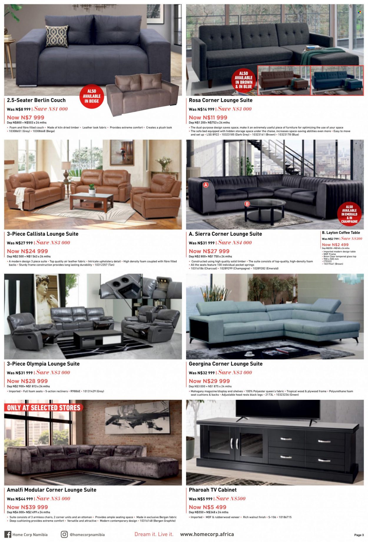 thumbnail - HomeCorp catalogue  - 01/06/2023 - 05/06/2023 - Sales products - cabinet, table, chair, sofa, sofa bed, lounge suite, couch, lounge, coffee table, shelves, ottoman, bed, cushion, TV. Page 3.