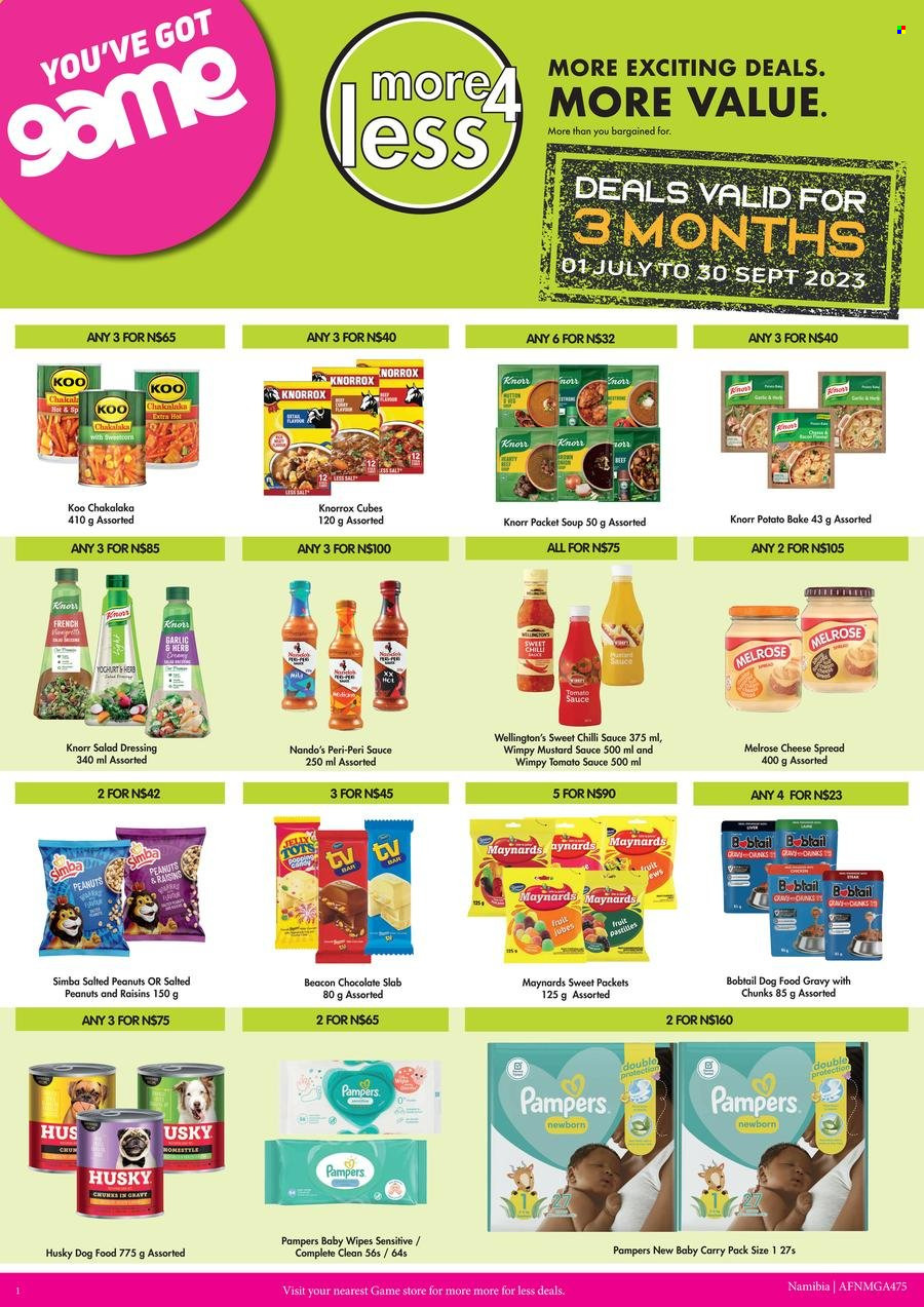Game catalogue  - 01/07/2023 - 30/09/2023 - Sales products - soup, Knorr, sauce, chakalaka, cheese spread, Melrose, chocolate, pastilles, Simba, Knorrox, tomato sauce, Koo, mustard, salad dressing, chilli sauce, dressing, mustard sauce, sweet chilli sauce, peanuts, mutton meat, wipes, Pampers, baby wipes, animal food, dog food, TV. Page 1.