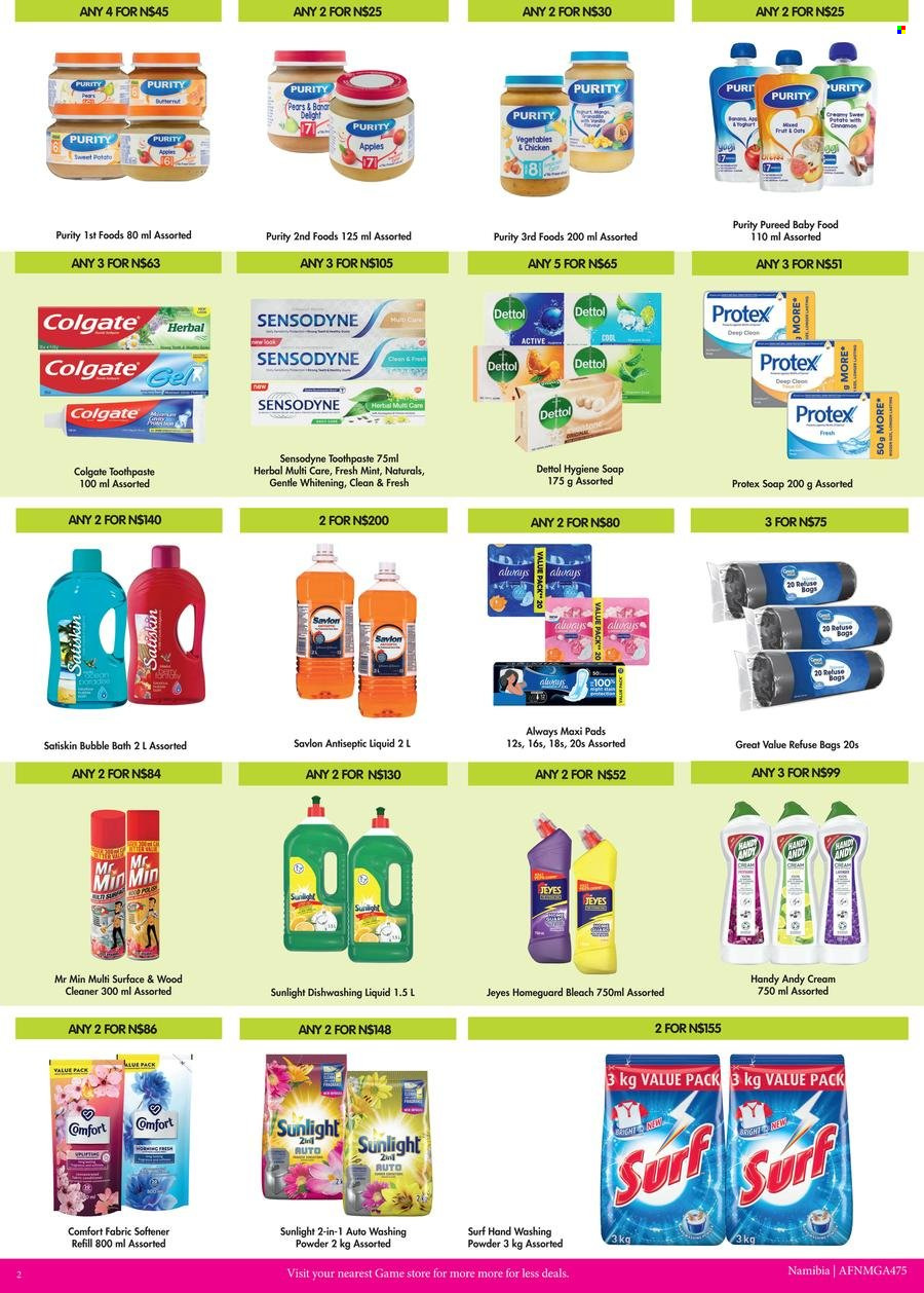 Game catalogue  - 01/07/2023 - 30/09/2023 - Sales products - butternut squash, pears, yoghurt, Savion, Purity, Dettol, bleach, cleaner, fabric softener, softener refill, laundry powder, Sunlight, Surf, Comfort softener, dishwashing liquid, bubble bath, Protex, Satiskin, soap, Colgate, toothpaste, Sensodyne, sanitary pads, Hill's, refuse bag. Page 2.