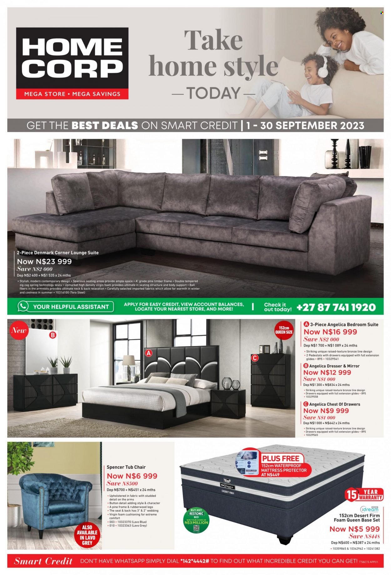 HomeCorp catalogue  - 01/09/2023 - 30/09/2023 - Sales products - chair, lounge suite, lounge, chest of drawers, bedroom suite, bed, base set, mattress protector, dresser, mirror. Page 1.