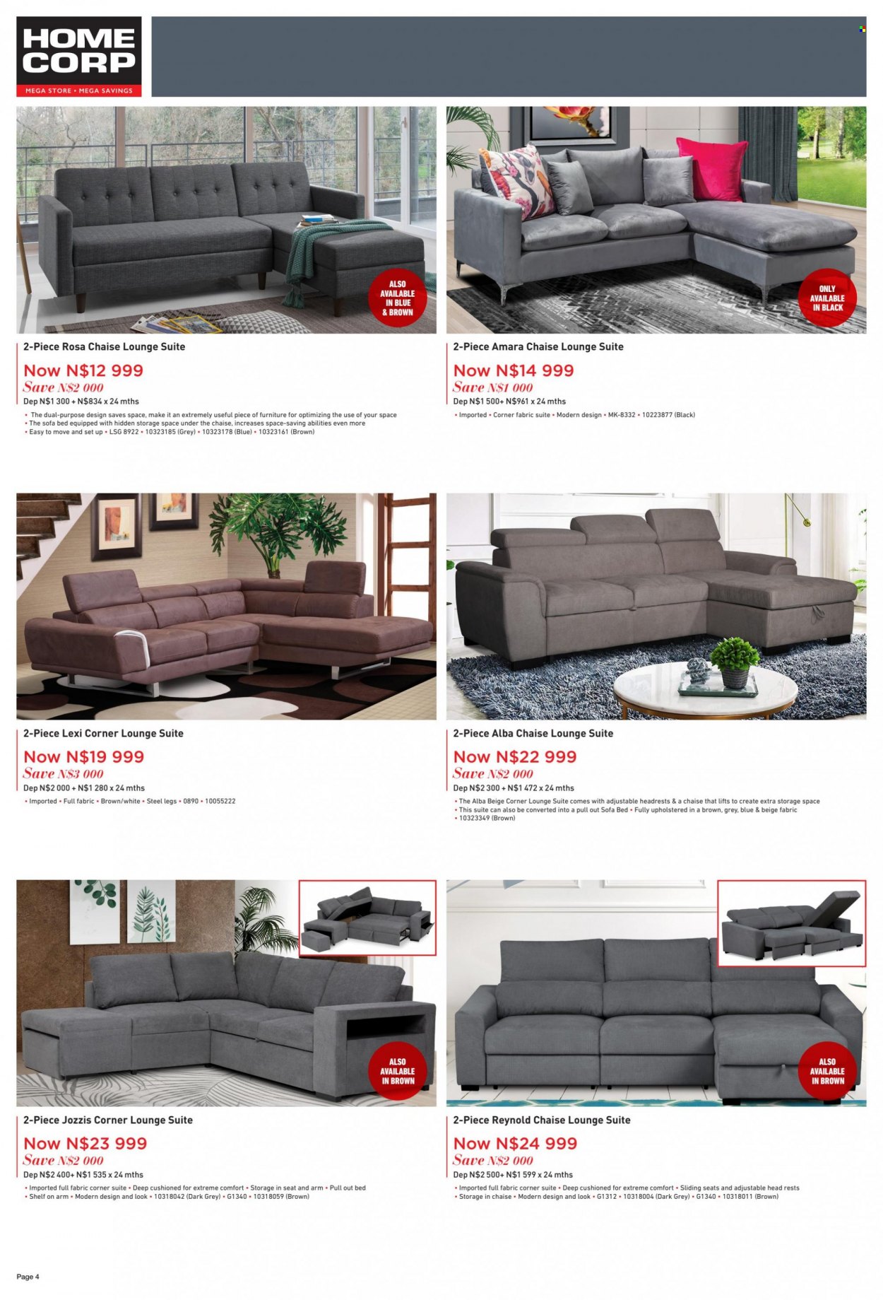HomeCorp catalogue  - 01/09/2023 - 30/09/2023 - Sales products - sofa, sofa bed, lounge suite, lounge, shelves. Page 4.