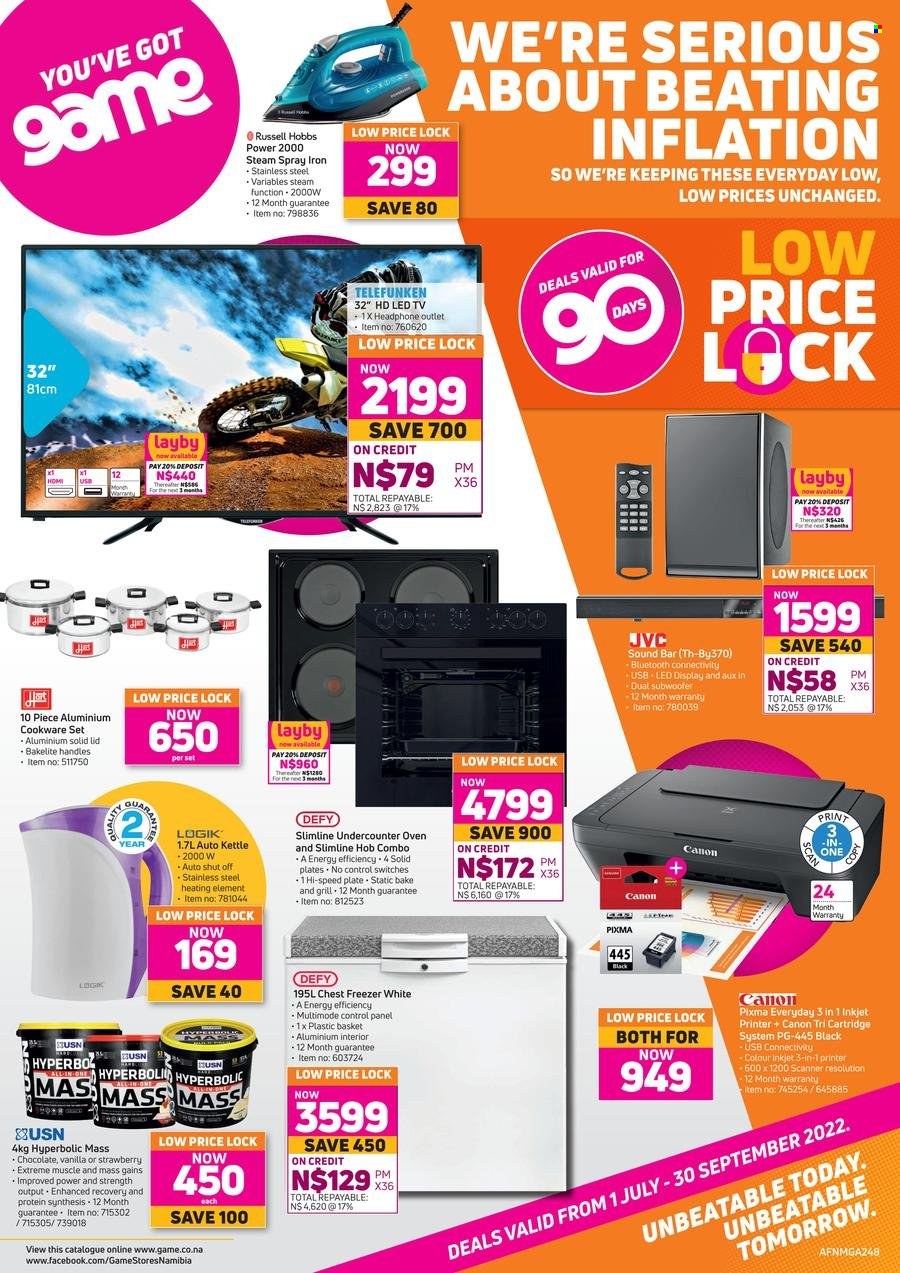 thumbnail - Game catalogue  - 01/07/2022 - 30/09/2022 - Sales products - chocolate, kettle, cookware set, plate, lid, LED TV, JVC, TV, subwoofer, sound bar, headphones, freezer, chest freezer, oven, hob, Russell Hobbs, iron, Canon, ink printer, printer, scanner, cartridge, basket. Page 1.