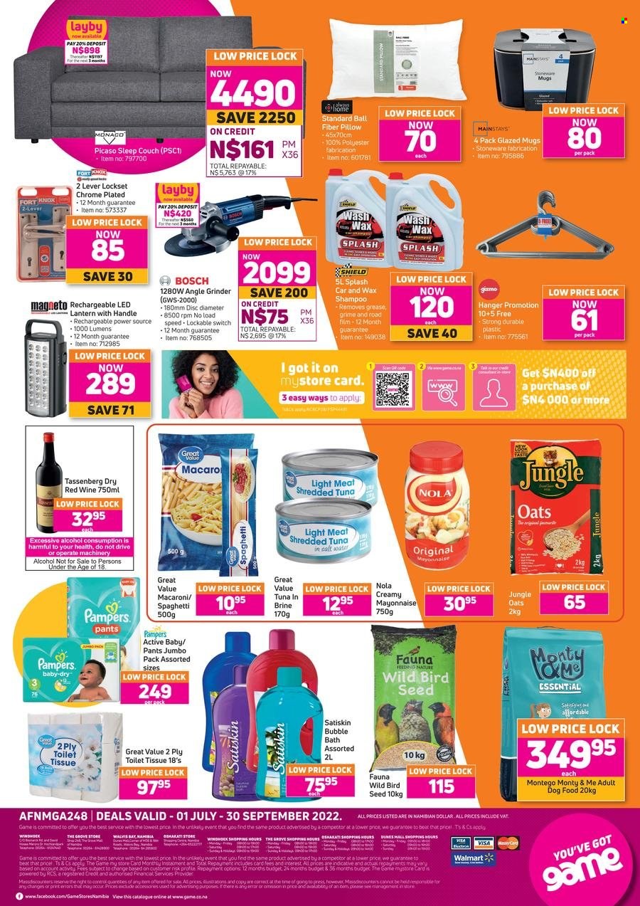 thumbnail - Game catalogue  - 01/07/2022 - 30/09/2022 - Sales products - spaghetti, macaroni, mayonnaise, oats, tuna in water, jungle oats, red wine, wine, alcohol, Pampers, pants, toilet paper, bubble bath, shampoo, Satiskin, stoneware, pillow, animal food, bird food, dog food, Bosch, grinder, couch, angle grinder. Page 2.