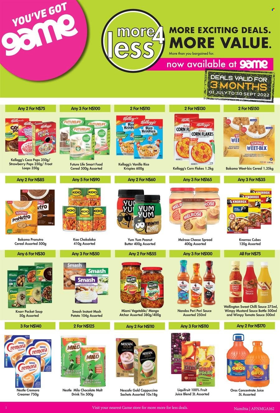 thumbnail - Game catalogue  - 01/07/2022 - 30/09/2022 - Sales products - soup, Knorr, sauce, chakalaka, cheese spread, Melrose, Milo, creamer, Nestlé, chocolate, cereal bar, Kellogg's, biscuit, Cremora, Knorrox, tomato sauce, Koo, cereals, corn flakes, coco pops, Weet-Bix, ProNutro, Rice Krispies, mustard, chilli sauce, mustard sauce, sweet chilli sauce, peri peri sauce, atchar, peanut butter, energy drink, fruit juice, juice, Oros, tea, cappuccino, Nescafé, rosé wine. Page 1.