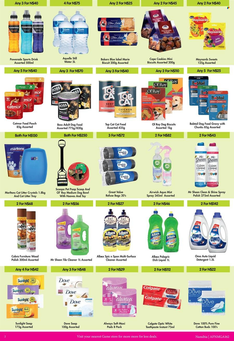 thumbnail - Game catalogue  - 01/07/2022 - 30/09/2022 - Sales products - cookies, jelly beans, Powerade, mineral water, bottled water, Aquellé, steak, detergent, surface cleaner, cleaner, Omo, liquid detergent, Sunlight, dishwashing liquid, Dove, soap, Colgate, toothpaste, sanitary pads, bowl, animal food, animal treats, cat food, dog food, dog biscuits, Bakers, refuse bag, polish. Page 2.