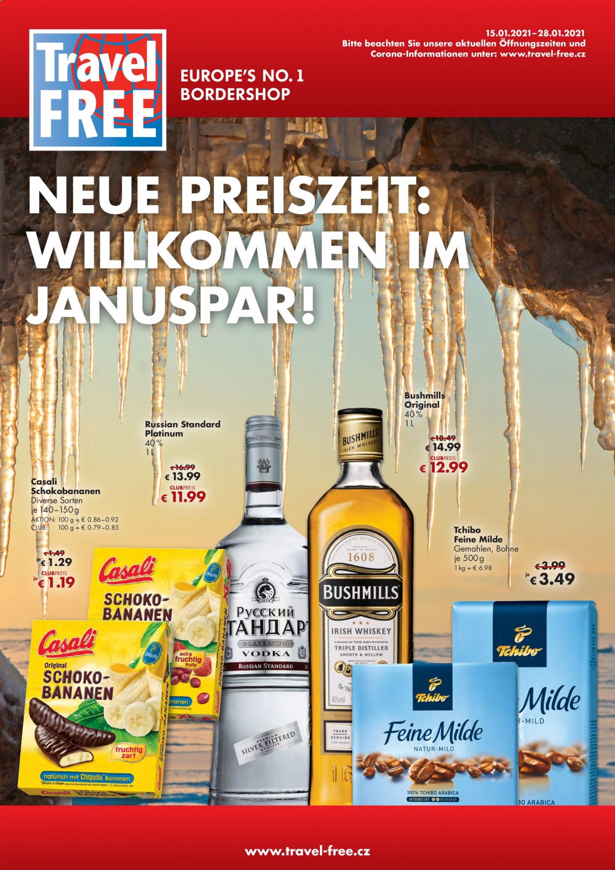 thumbnail - Prospekte Travel FREE - 15.01.2021 - 28.01.2021 - Produkte in Aktion - Corona Extra, Tchibo, Whiskey, Vodka, Irish Whiskey, Russian Standard. Seite 1.