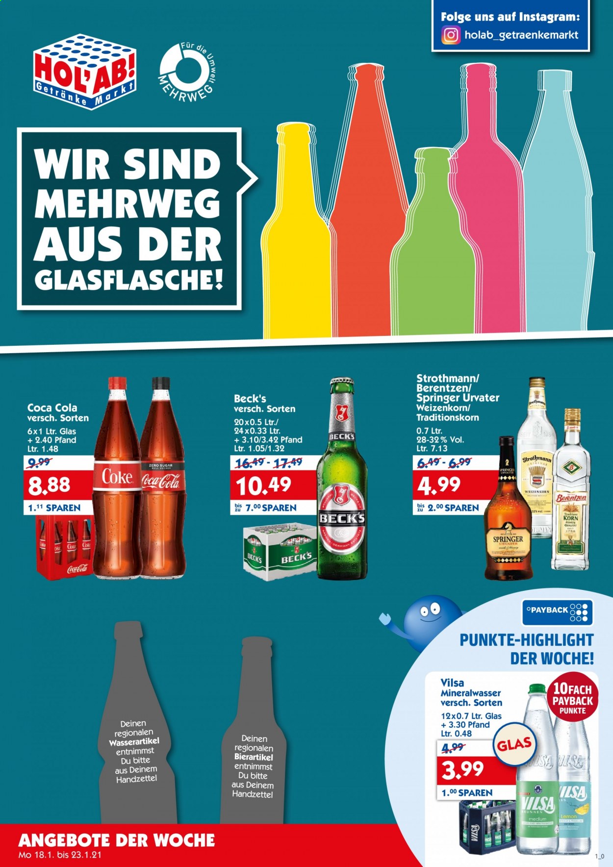 thumbnail - Prospekte Hol'ab! Getränkemarkt - 18.01.2021 - 23.01.2021 - Produkte in Aktion - Beck's, Mineralwasser, Coca-Cola, Berentzen. Seite 1.