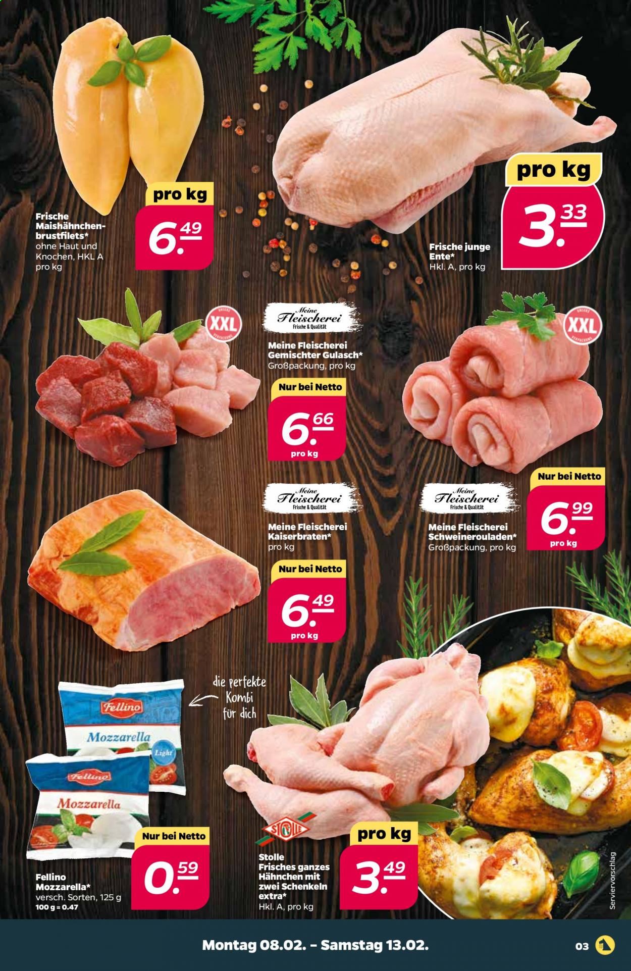 thumbnail - Prospekte Netto - 8.02.2021 - 13.02.2021 - Produkte in Aktion - Brustfilet, Schweineroulade, Mozzarella, ganze Ente. Seite 3.