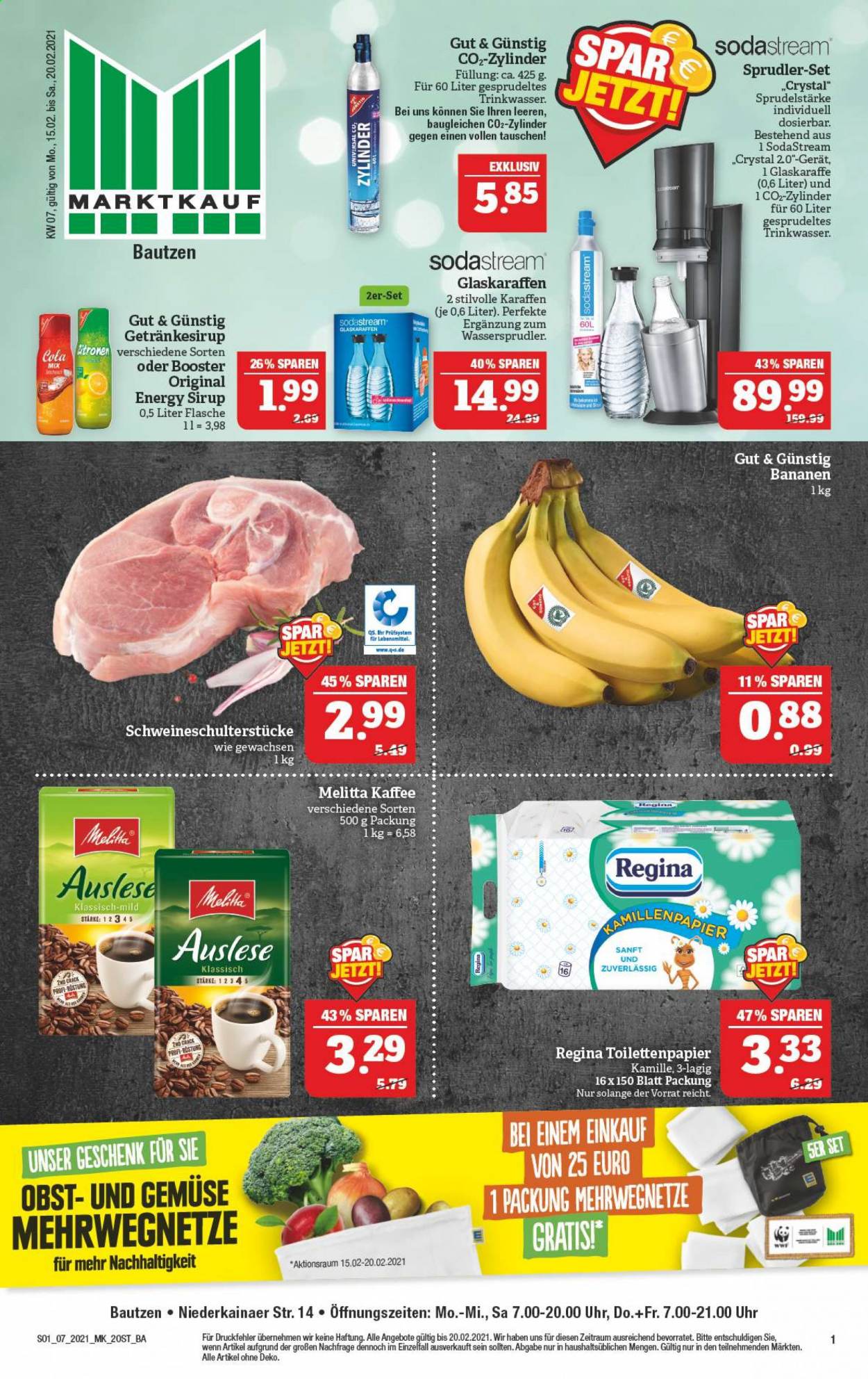 thumbnail - Prospekte Marktkauf - 15.02.2021 - 20.02.2021 - Produkte in Aktion - Bananen, SodaStream, Coca-Cola, Kaffee, Melitta, Toilettenpapier, Wassersprudler, Glaskaraffe. Seite 1.