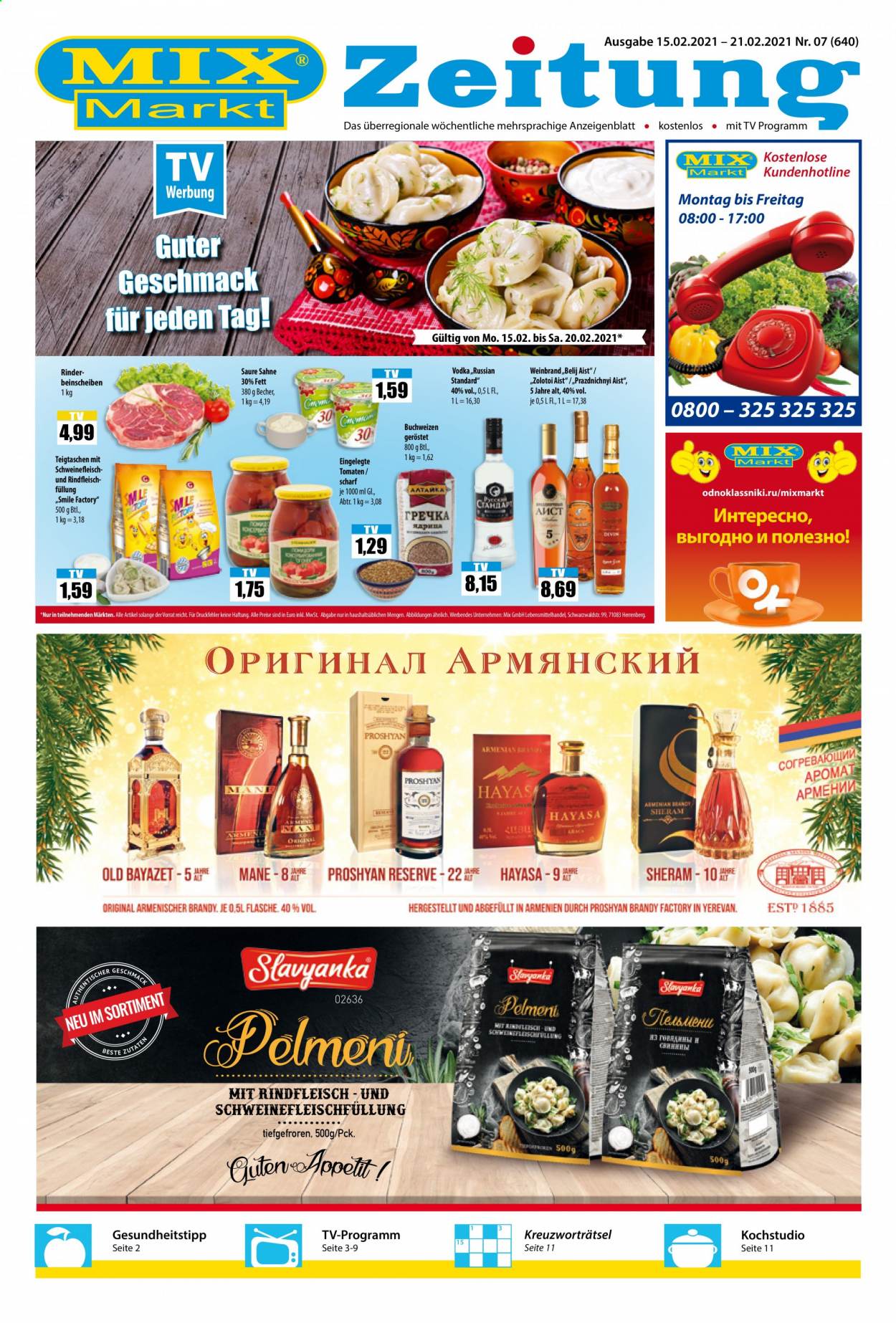 thumbnail - Prospekte Mix Markt - 15.02.2021 - 21.02.2021 - Produkte in Aktion - Tomaten, Weinbrand, Vodka, Russian Standard, Becher. Seite 1.