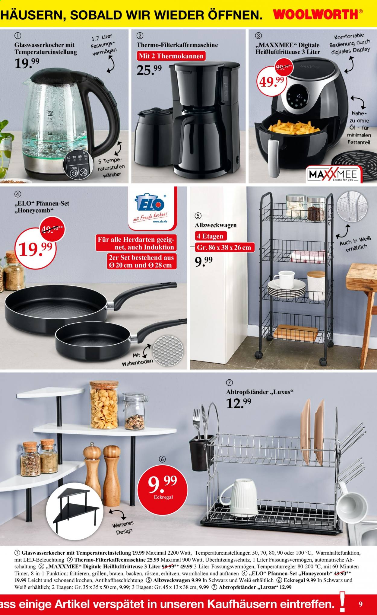 thumbnail - Prospekte Woolworth - Produkte in Aktion - Eckregal, Öl, Bratpfannen-set, Pfanne, Pfannen-set, Heißluftfritteuse. Seite 9.
