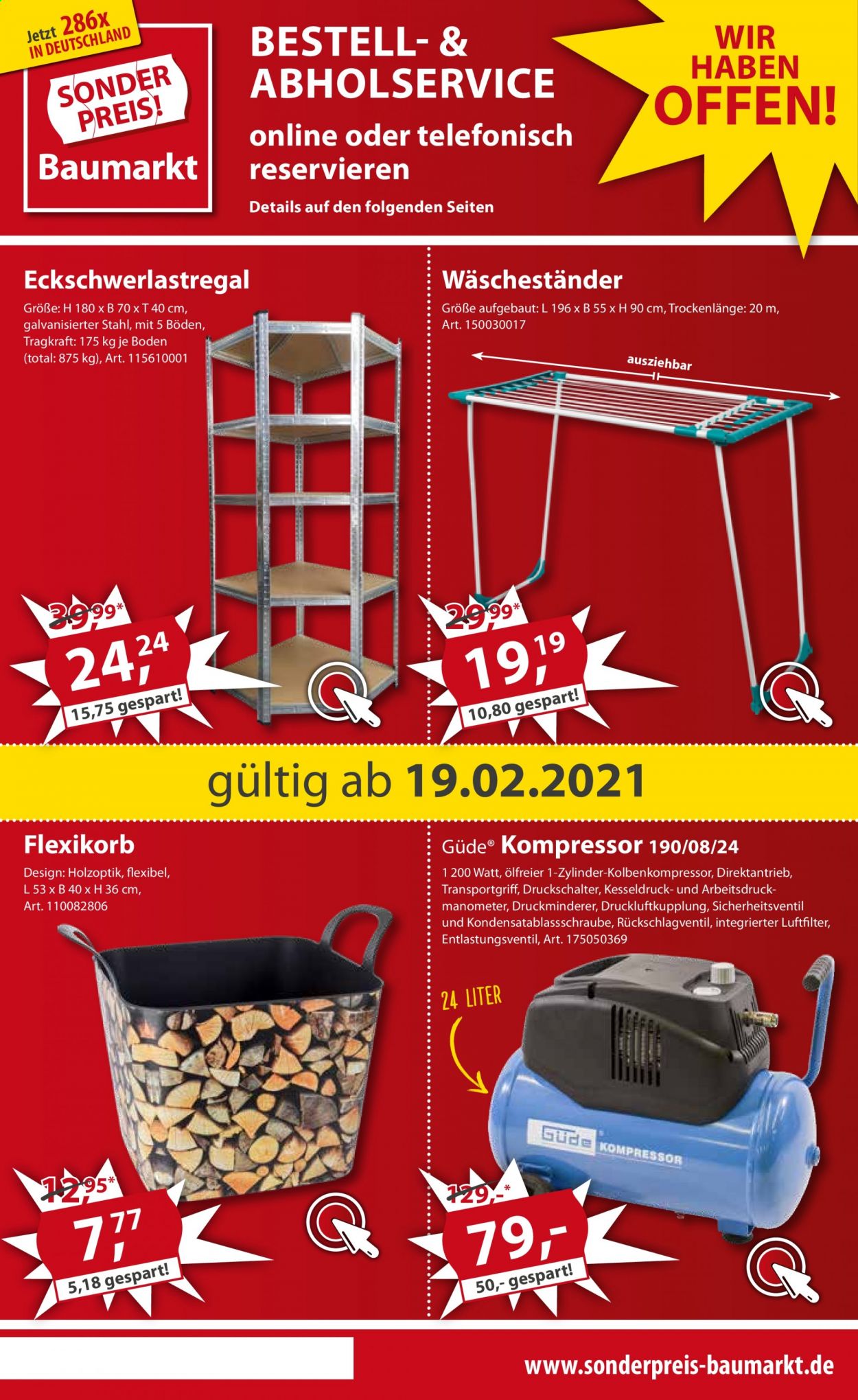 thumbnail - Prospekte Sonderpreis-Baumarkt - 19.02.2021 - 26.02.2021 - Produkte in Aktion - Wäscheständer, Kompressor. Seite 1.