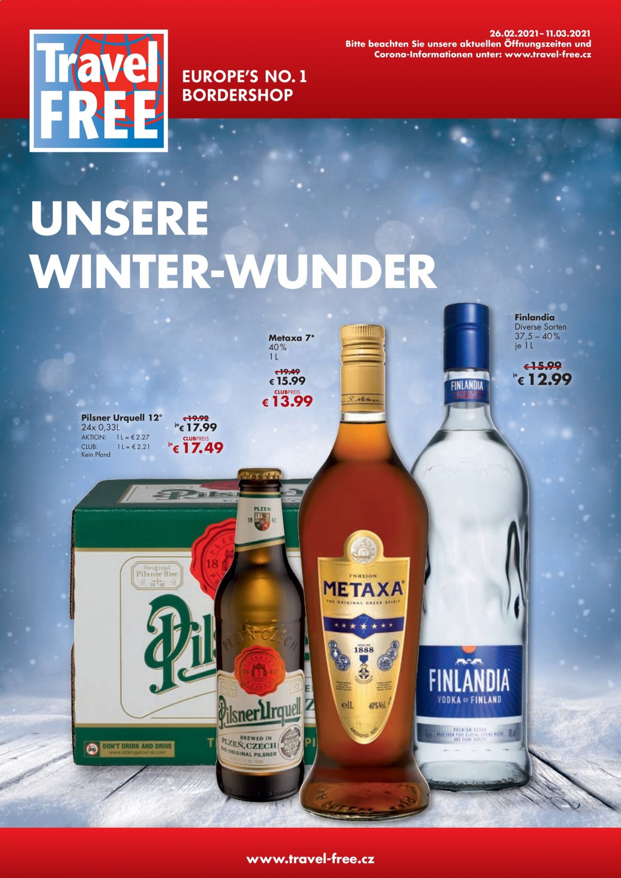 thumbnail - Prospekte Travel FREE - 26.02.2021 - 11.03.2021 - Produkte in Aktion - Pilsner Urquell, Corona Extra, Vodka, Metaxa. Seite 1.