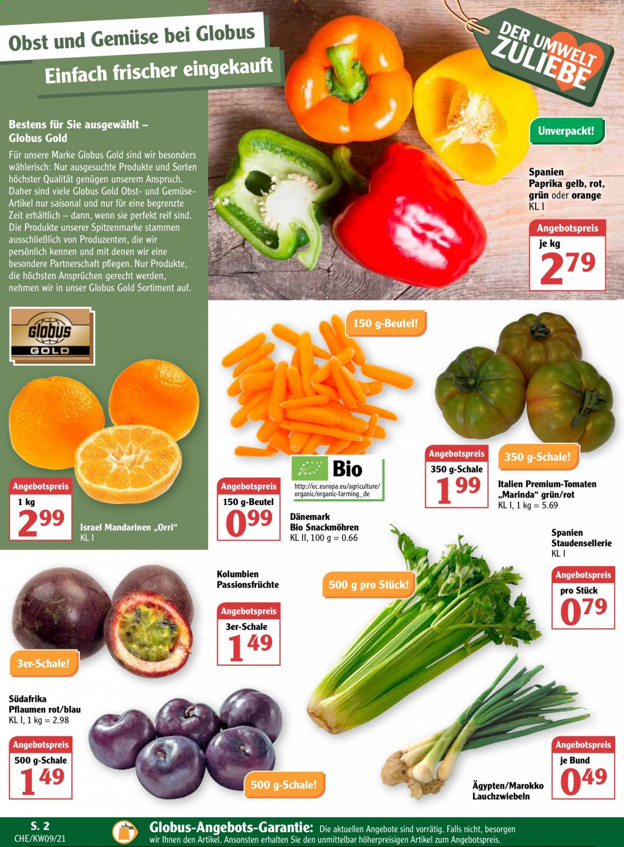 thumbnail - Prospekte Globus - 1.03.2021 - 6.03.2021 - Produkte in Aktion - Paprika, Tomaten, Lauchzwiebel, Mandarinen, Pflaumen, Schale. Seite 2.