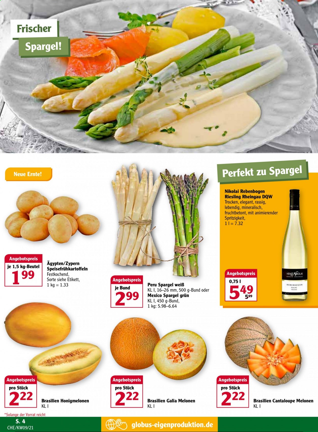 thumbnail - Prospekte Globus - 1.03.2021 - 6.03.2021 - Produkte in Aktion - Spargel, Cantaloupe-melone, Riesling. Seite 4.
