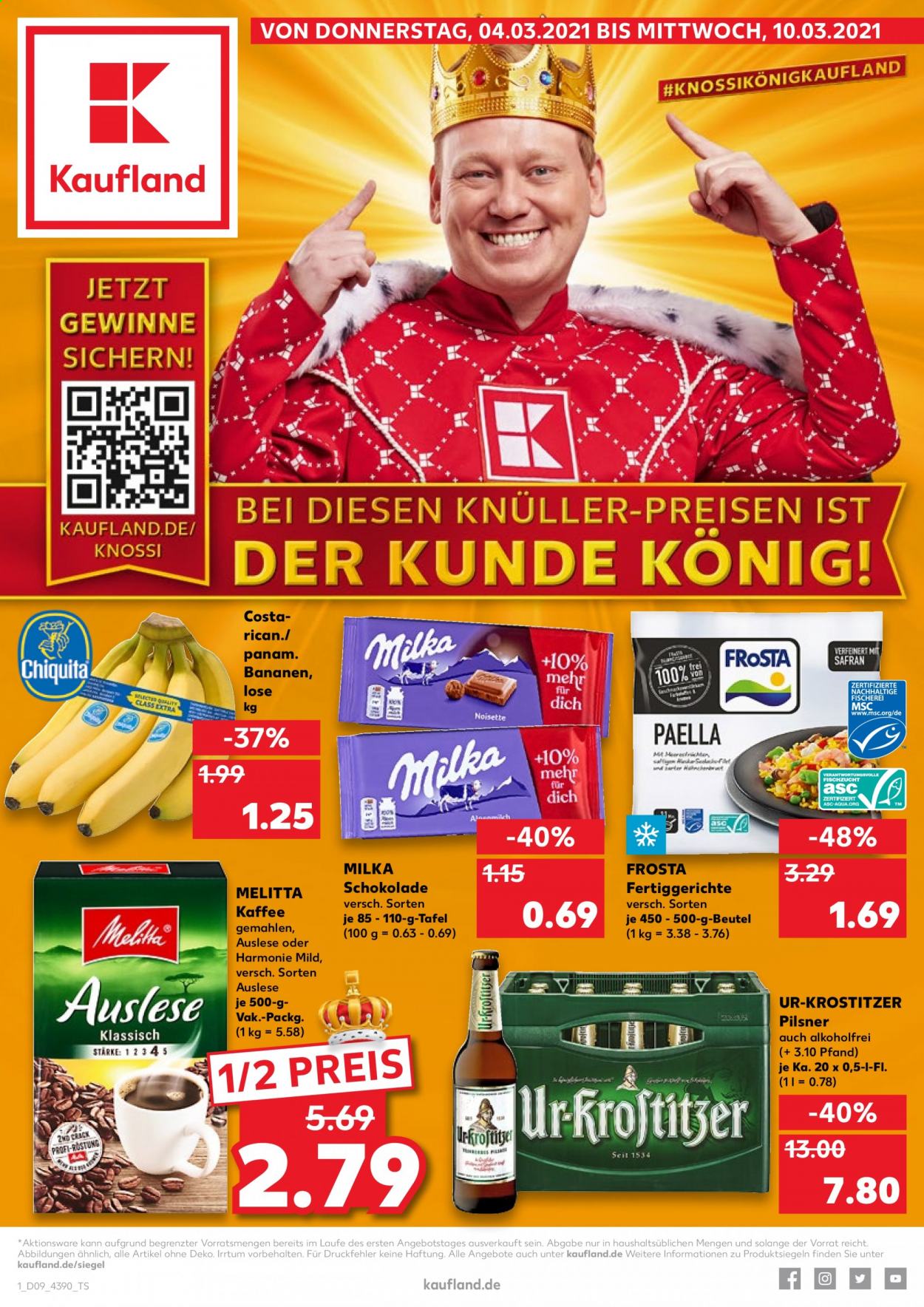thumbnail - Prospekte Kaufland - 4.03.2021 - 10.03.2021 - Produkte in Aktion - Pils, Bananen, Frosta, Milka, Schokolade, Kaffee, Melitta. Seite 1.