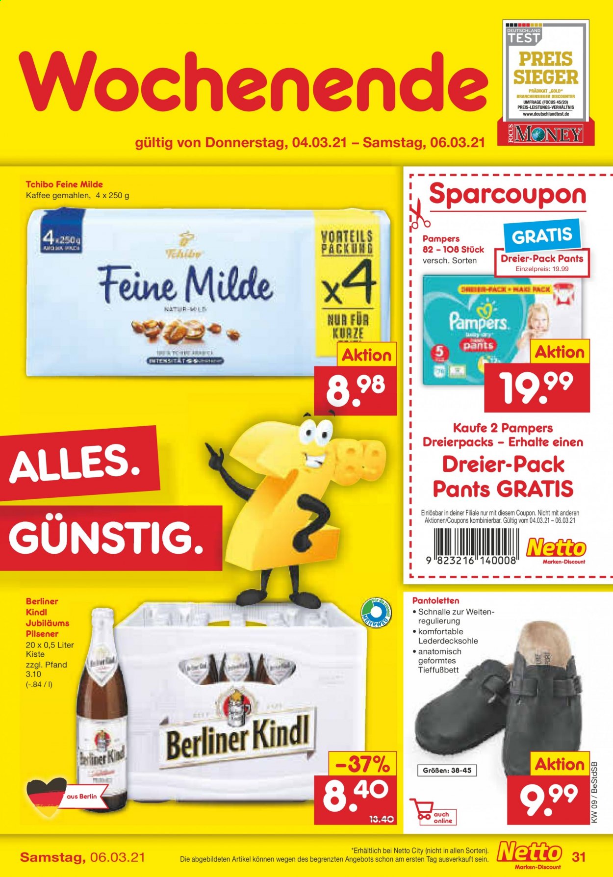 thumbnail - Prospekte Netto Marken-Discount - 1.03.2021 - 6.03.2021 - Produkte in Aktion - Berliner Kindl, Tchibo, Kaffee, Pampers, Pants. Seite 31.