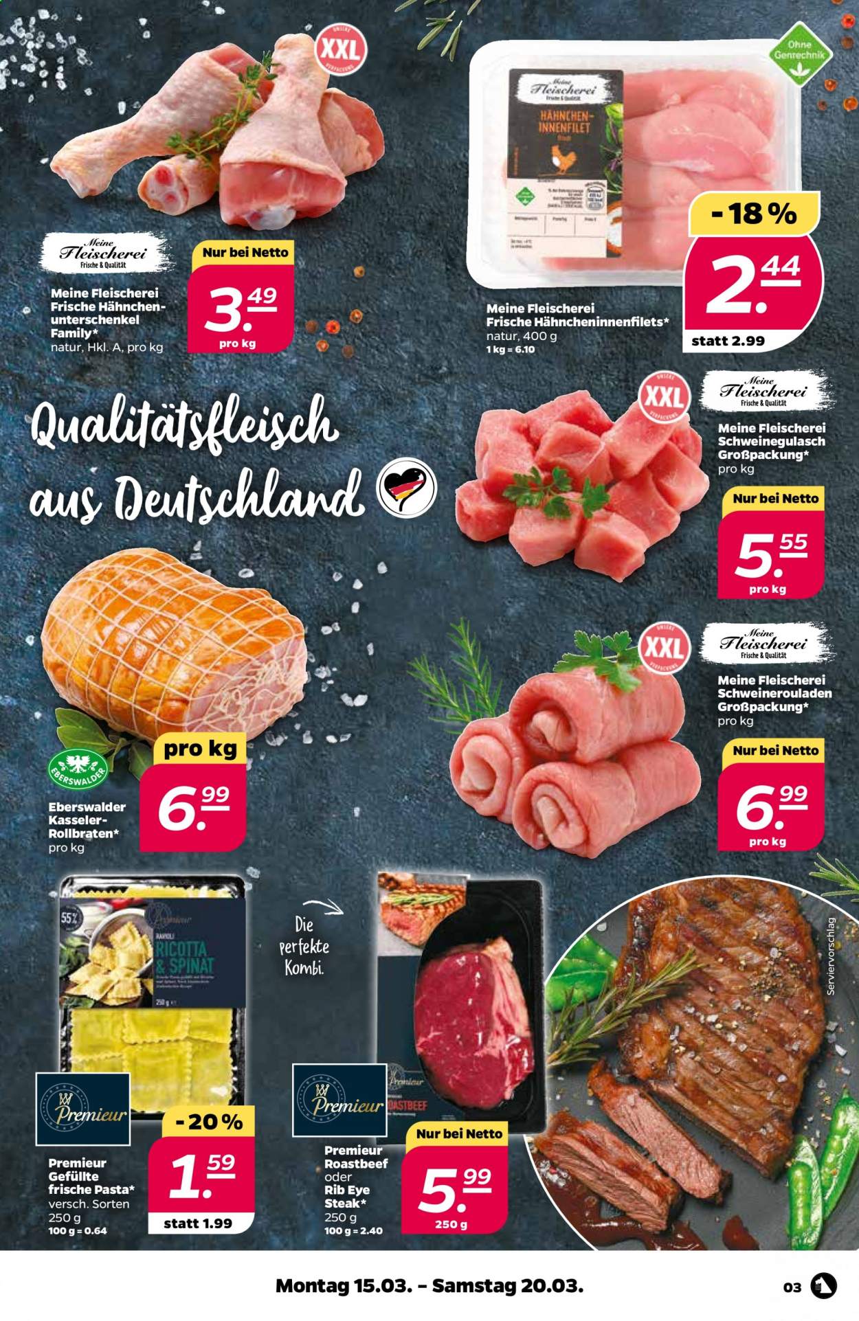 thumbnail - Prospekte Netto - 15.03.2021 - 20.03.2021 - Produkte in Aktion - Steak, Spinat, Roastbeef, Schweinegulasch, Schweineroulade, Frische Pasta. Seite 3.