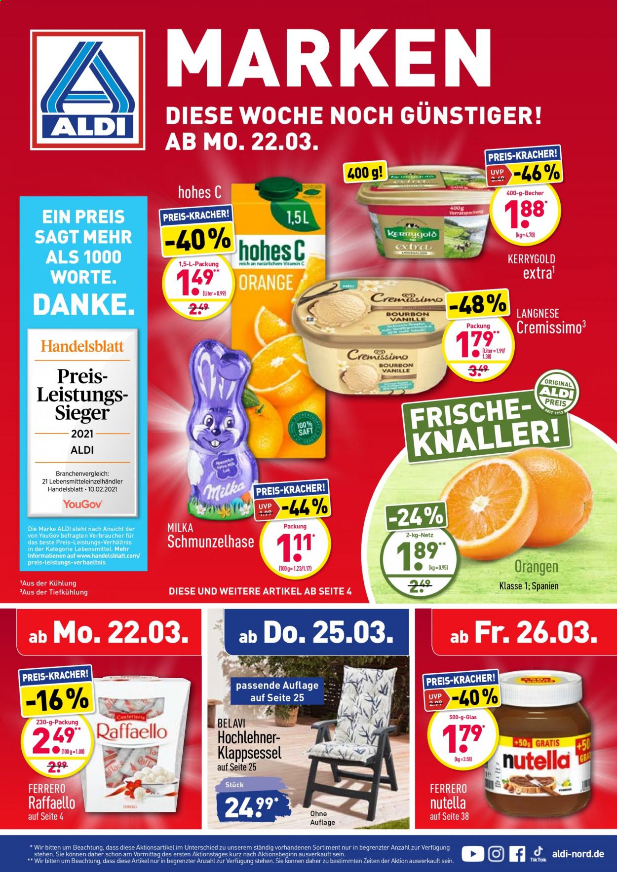 thumbnail - Prospekte ALDI Nord - 22.03.2021 - 27.03.2021 - Produkte in Aktion - Milka, Kerrygold, Ferrero, Nutella, Langnese, Hohes C. Seite 1.