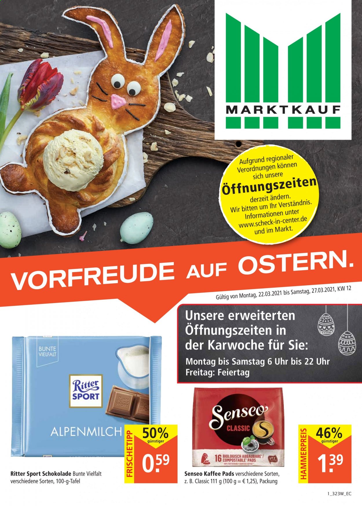 thumbnail - Prospekte Marktkauf - 22.03.2021 - 27.03.2021 - Produkte in Aktion - Schokolade, Ritter Sport, Kaffee, Senseo. Seite 1.