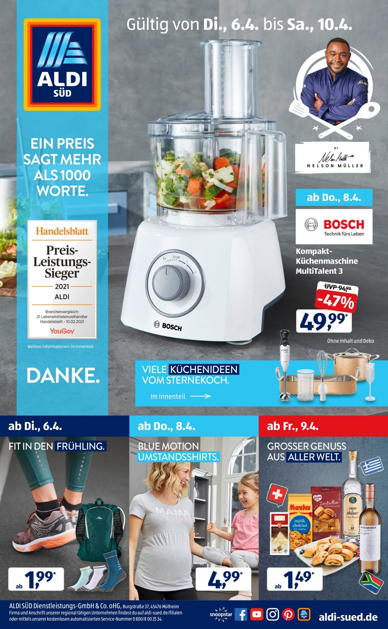 thumbnail - Prospekte ALDI SÜD - 6.04.2021 - 10.04.2021 - Produkte in Aktion - Bosch, Kuchen, Müller, Cookies, Ouzo, Küchenmaschine. Seite 1.