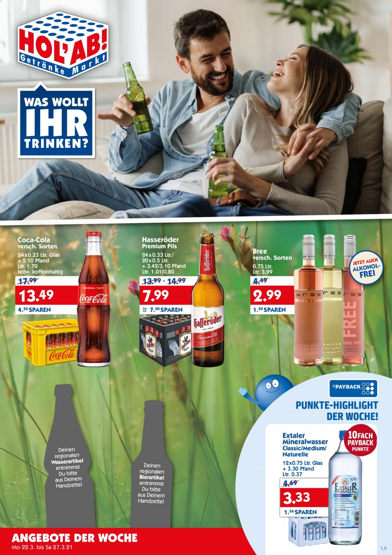 thumbnail - Prospekte Hol'ab! Getränkemarkt - 22.03.2021 - 27.03.2021 - Produkte in Aktion - Hasseröder, Mineralwasser, Coca-Cola. Seite 1.