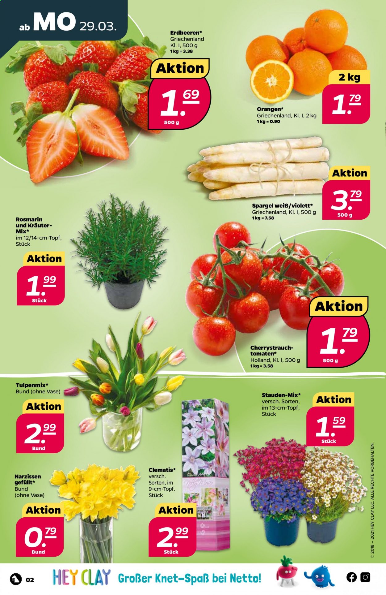 thumbnail - Prospekte Netto - 29.03.2021 - 3.04.2021 - Produkte in Aktion - Tomaten, Spargel, Erdbeeren, Rosmarin, Kräuter, Topf, Vase, Narzissen. Seite 2.