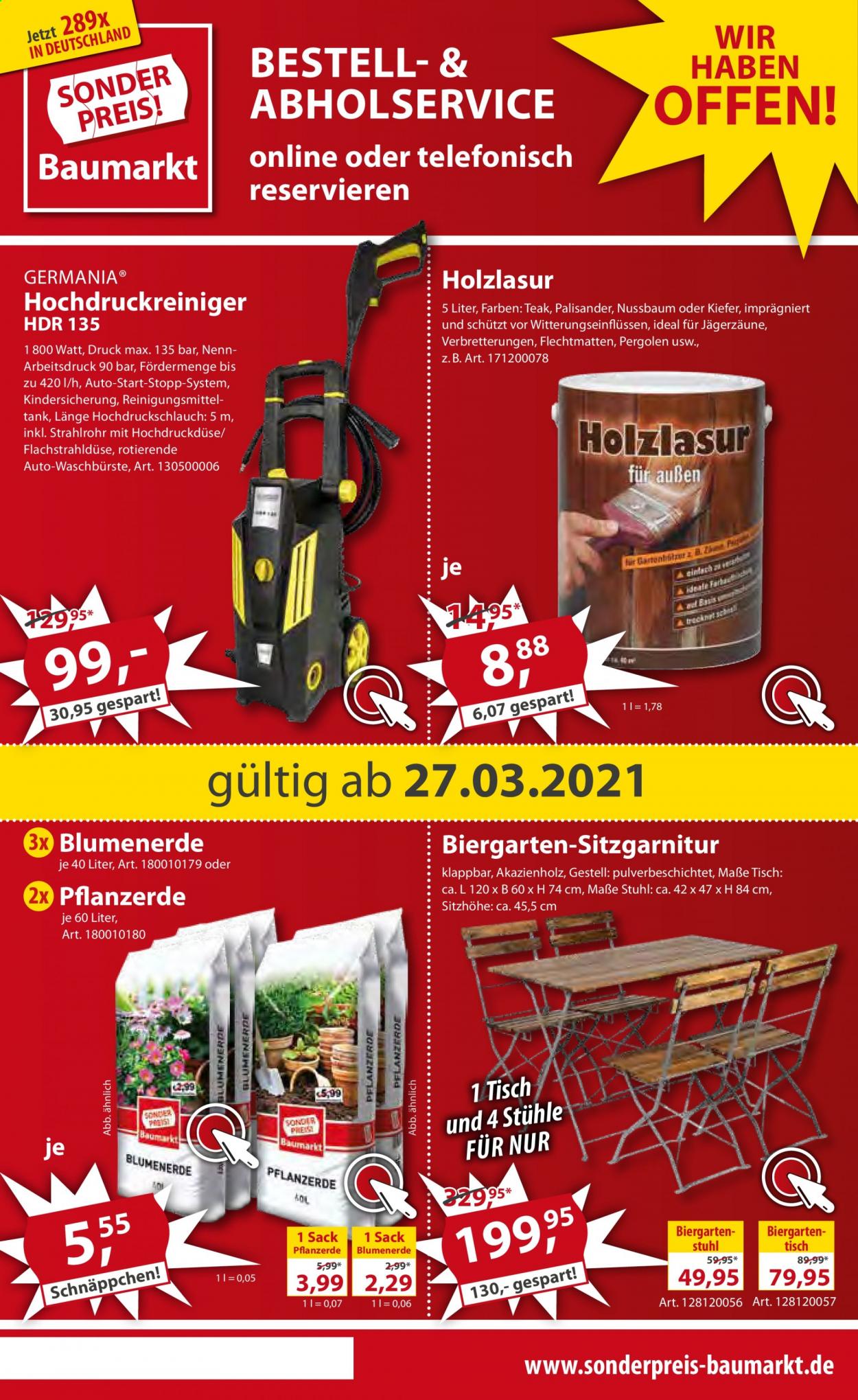 thumbnail - Prospekte Sonderpreis-Baumarkt - 27.03.2021 - 2.04.2021 - Produkte in Aktion - Blumenerde, Tisch, Hochdruckreiniger. Seite 1.