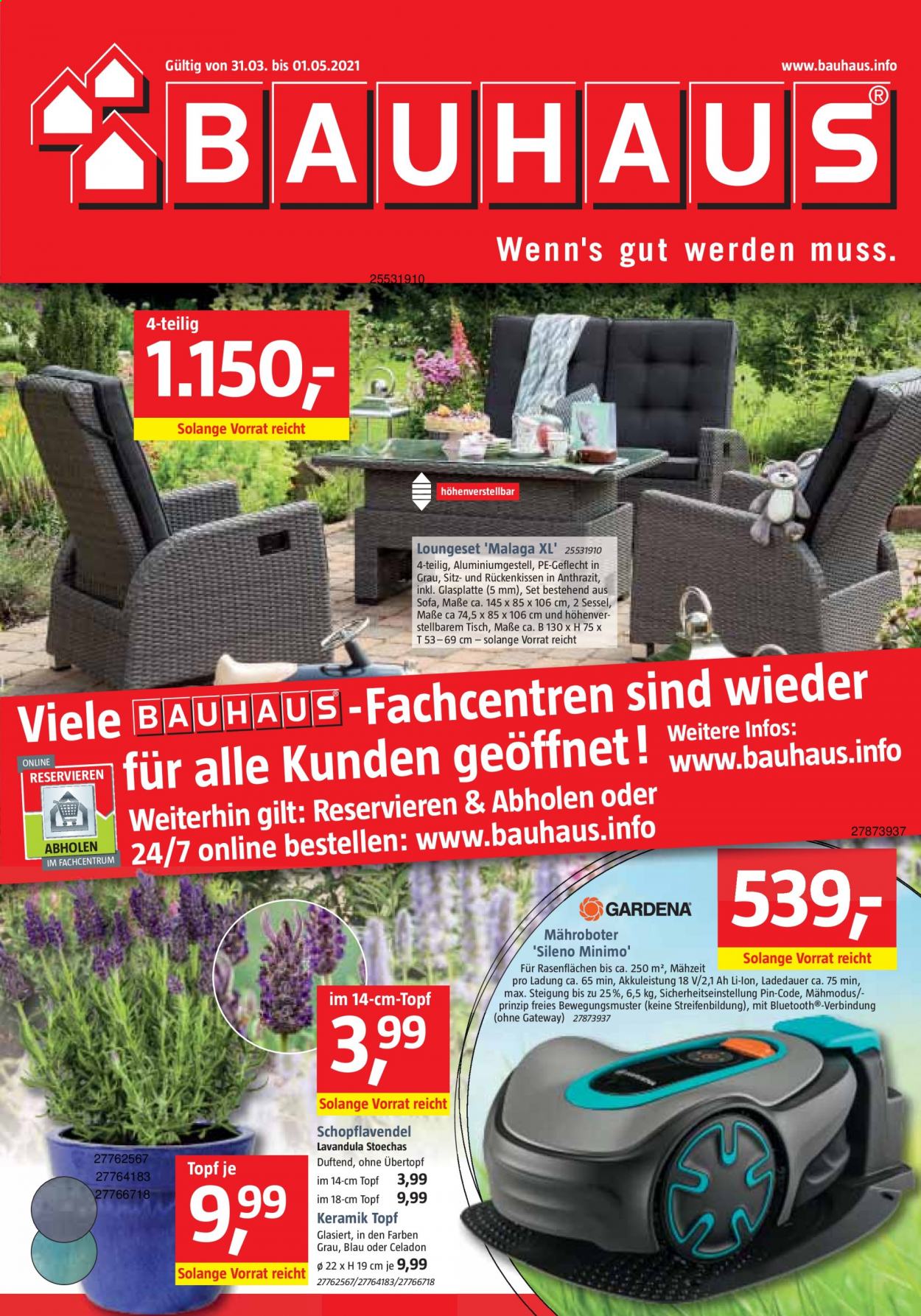 thumbnail - Prospekte Bauhaus - 31.03.2021 - 1.05.2021 - Produkte in Aktion - Topf, Rückenkissen, Sofa, Tisch, Sessel. Seite 1.