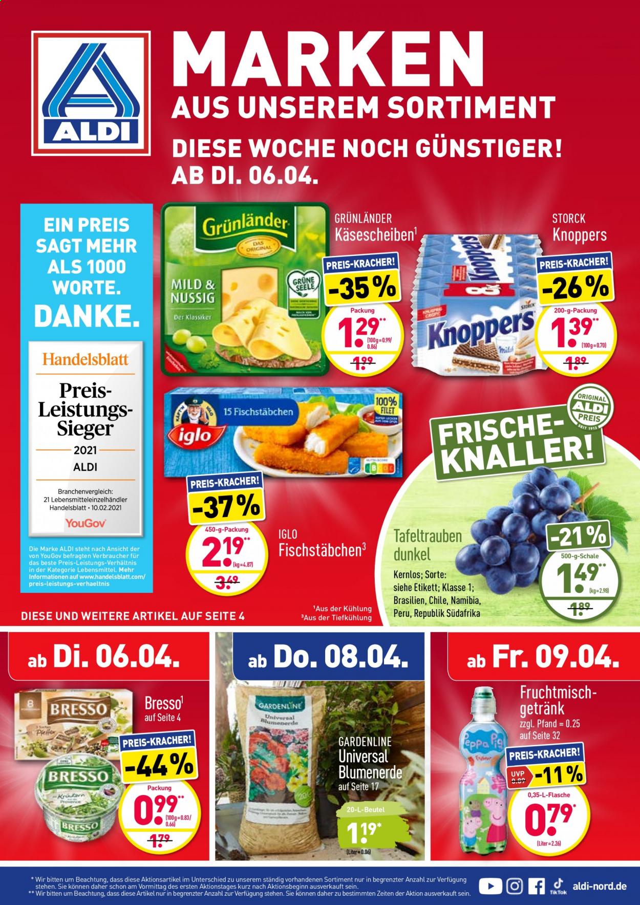 thumbnail - Prospekte ALDI Nord - 6.04.2021 - 10.04.2021 - Produkte in Aktion - Grünländer, Käsescheiben, Knoppers, Schale, Blumenerde. Seite 1.