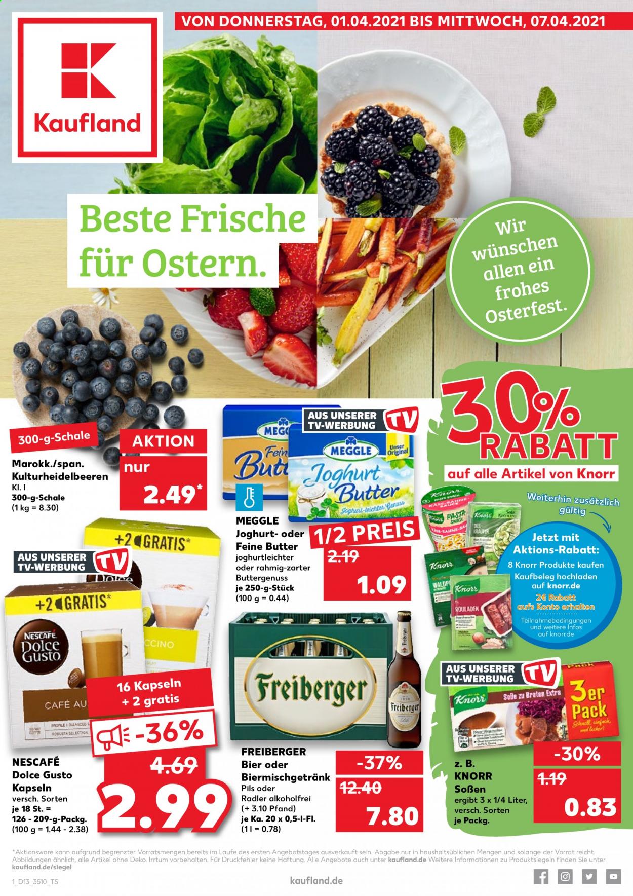 thumbnail - Prospekte Kaufland - 1.04.2021 - 7.04.2021 - Produkte in Aktion - Freiberger, Knorr, Meggle, Joghurt, Butter, Nescafé, Schale. Seite 1.