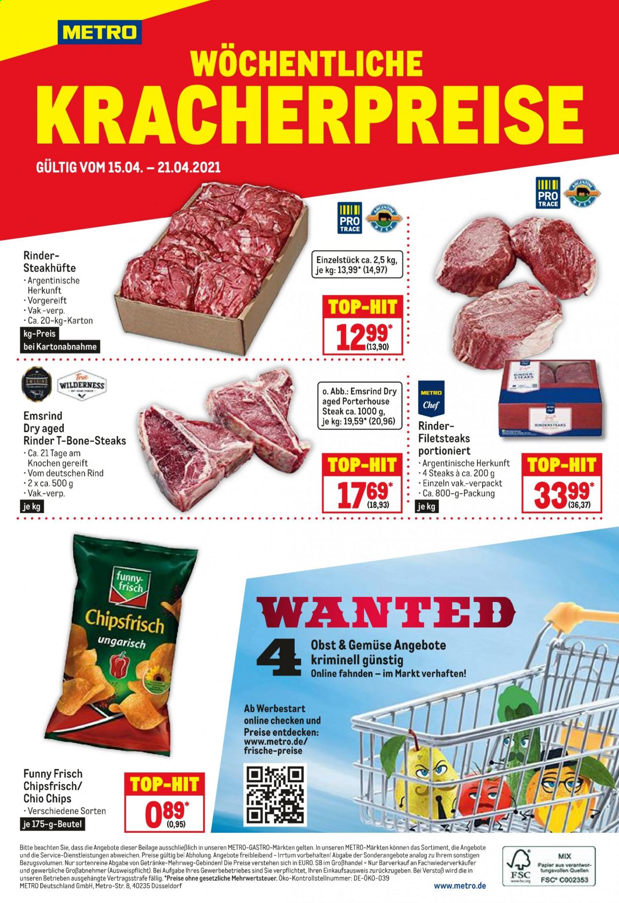 thumbnail - Prospekte Metro - 15.04.2021 - 21.04.2021 - Produkte in Aktion - Steak, Rindfleisch, Chips, Chipsfrisch. Seite 1.