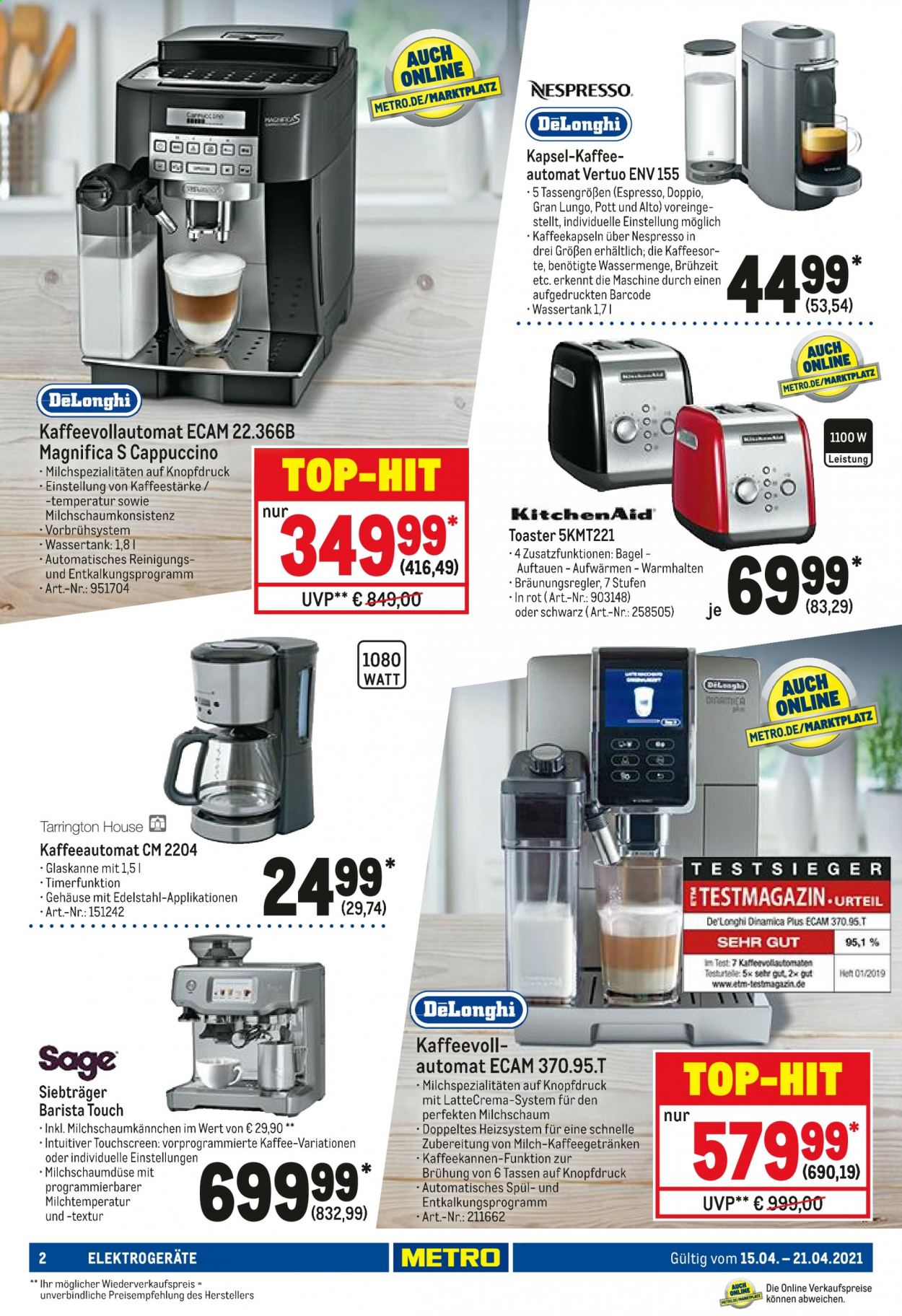 thumbnail - Prospekte Metro - 15.04.2021 - 21.04.2021 - Produkte in Aktion - Milch, Kaffee, Nespresso, Espresso, Kaffeeautomat, Toaster. Seite 2.