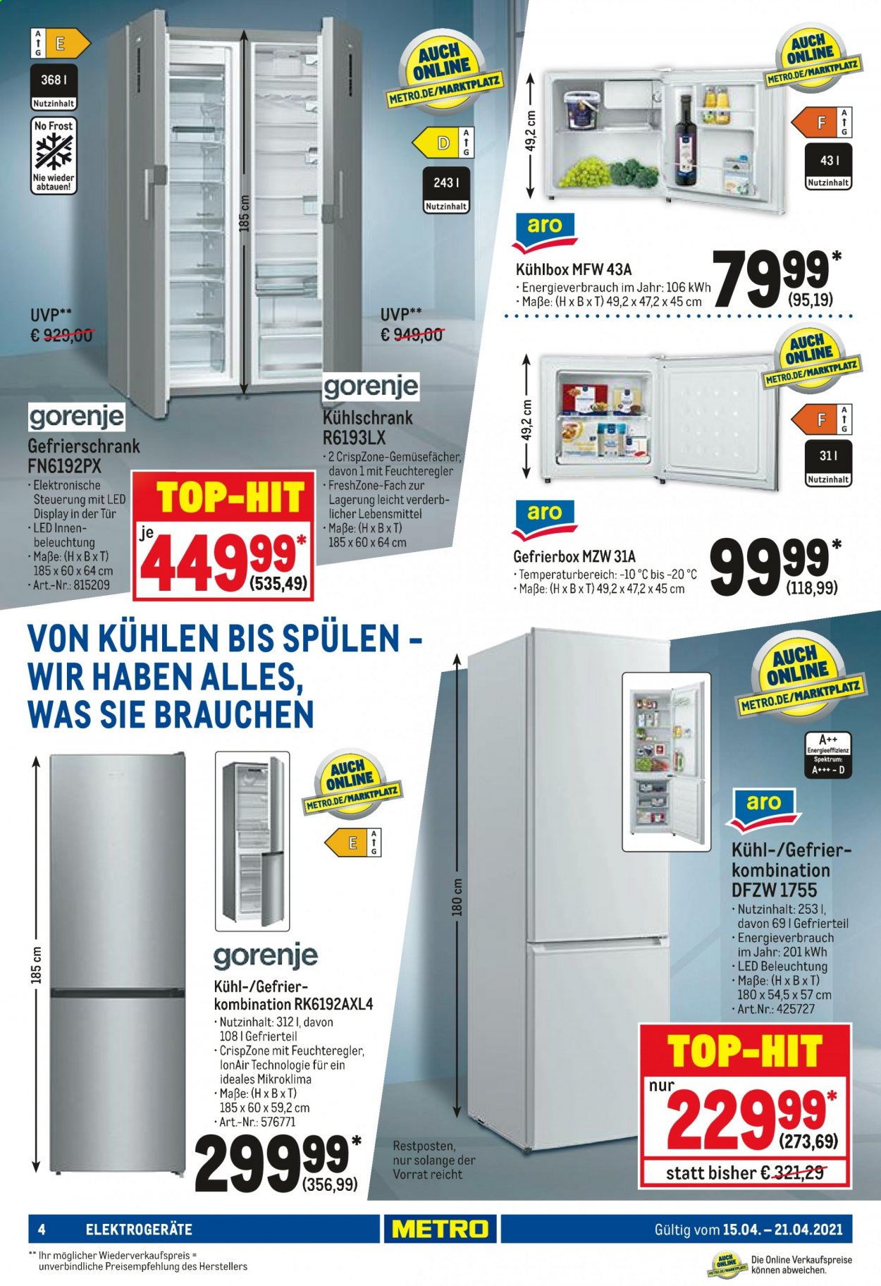 thumbnail - Prospekte Metro - 15.04.2021 - 21.04.2021 - Produkte in Aktion - Kühlschrank, Gefrierschrank, Gefrierbox. Seite 4.