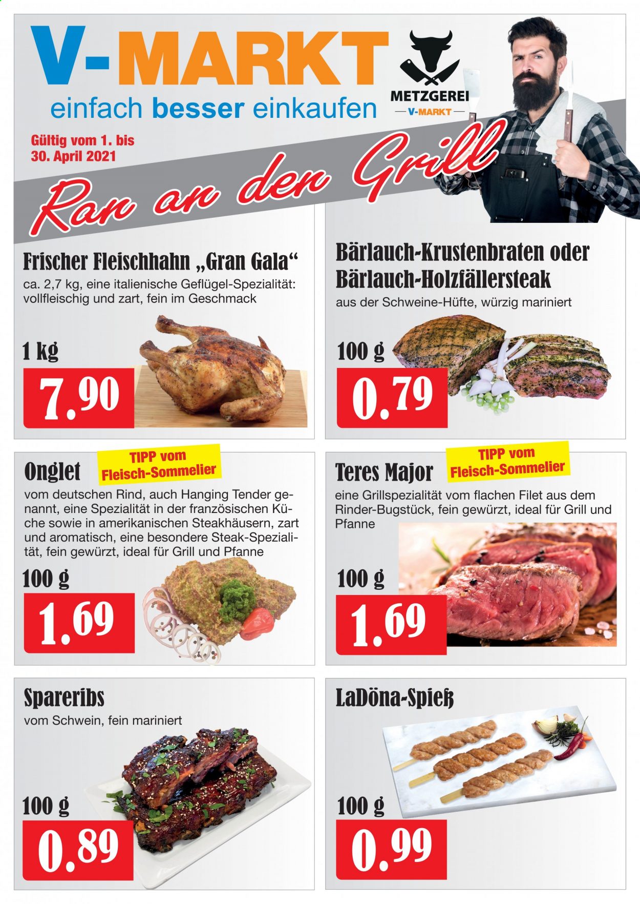 thumbnail - Prospekte V-Markt - 1.04.2021 - 30.04.2021 - Produkte in Aktion - Steak, Rindfleisch, Schweinefleisch, Krustenbraten, Pfanne, Grill. Seite 1.