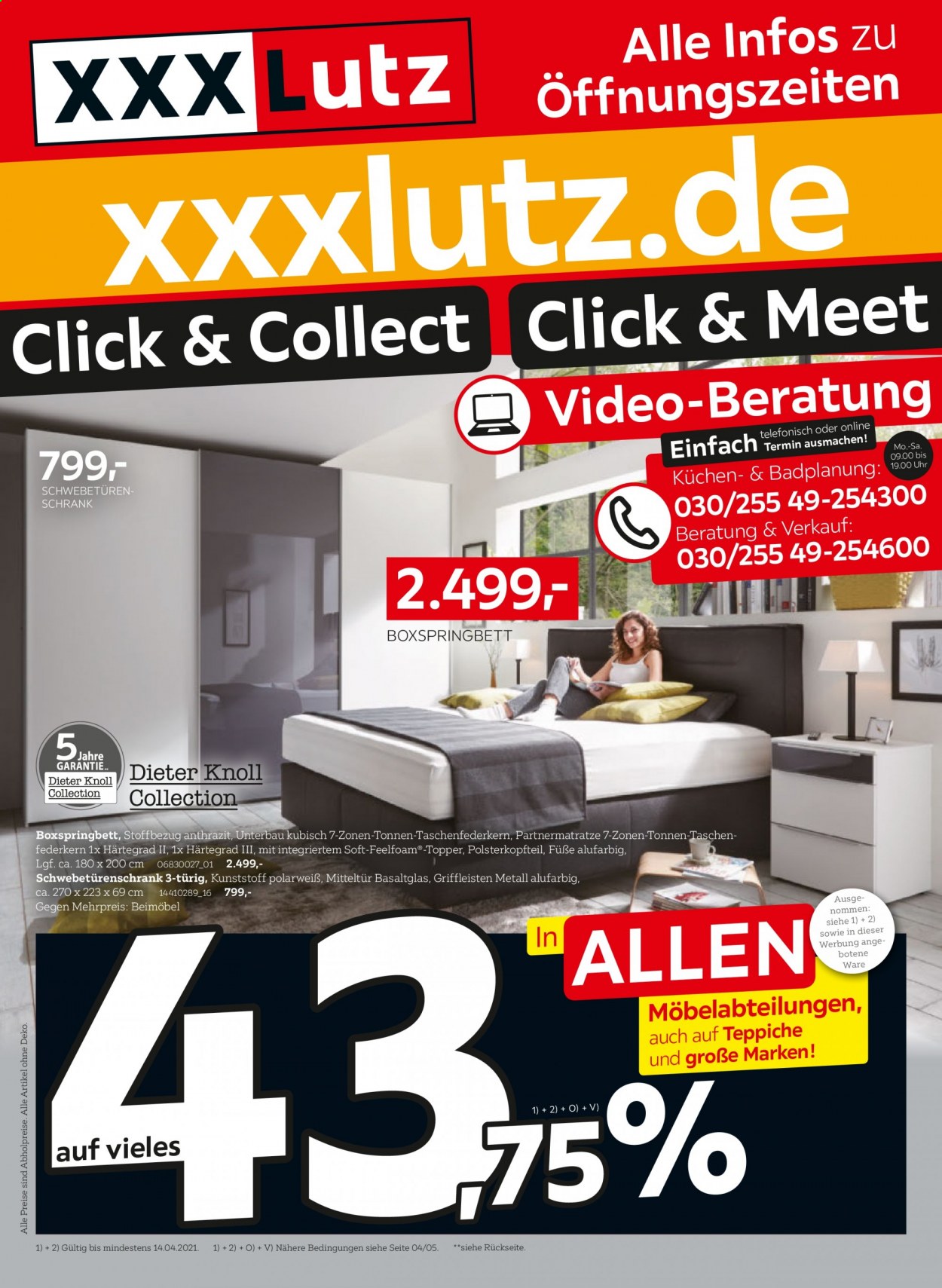 thumbnail - Prospekte XXXLutz - 1.04.2021 - 14.04.2021 - Produkte in Aktion - Boxspringbett, Schwebetürenschrank, Küchen. Seite 1.