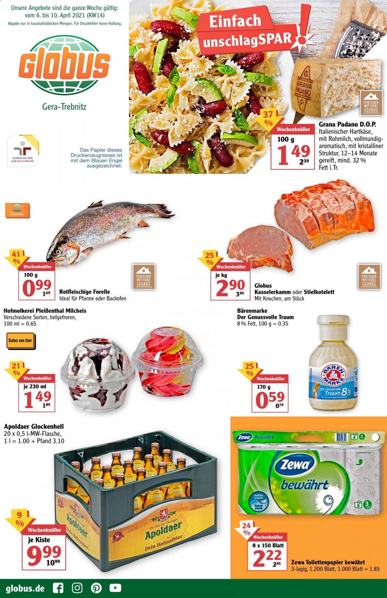 thumbnail - Prospekte Globus - 6.04.2021 - 10.04.2021 - Produkte in Aktion - Forelle, Hartkäse, Bärenmarke, Toilettenpapier, Pfanne, Engel. Seite 1.