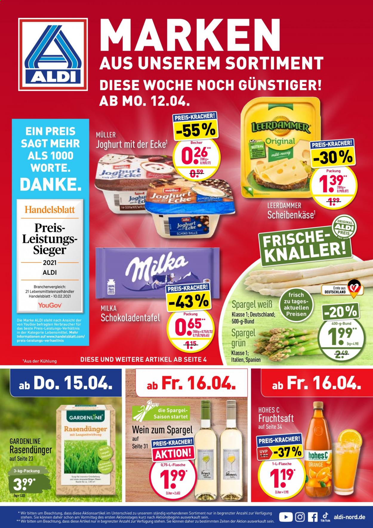 thumbnail - Prospekte ALDI Nord - 12.04.2021 - 17.04.2021 - Produkte in Aktion - Spargel, Leerdammer, Milka, Joghurt, Müller, Hohes C, Fruchtsaft, Wein, Becher. Seite 1.