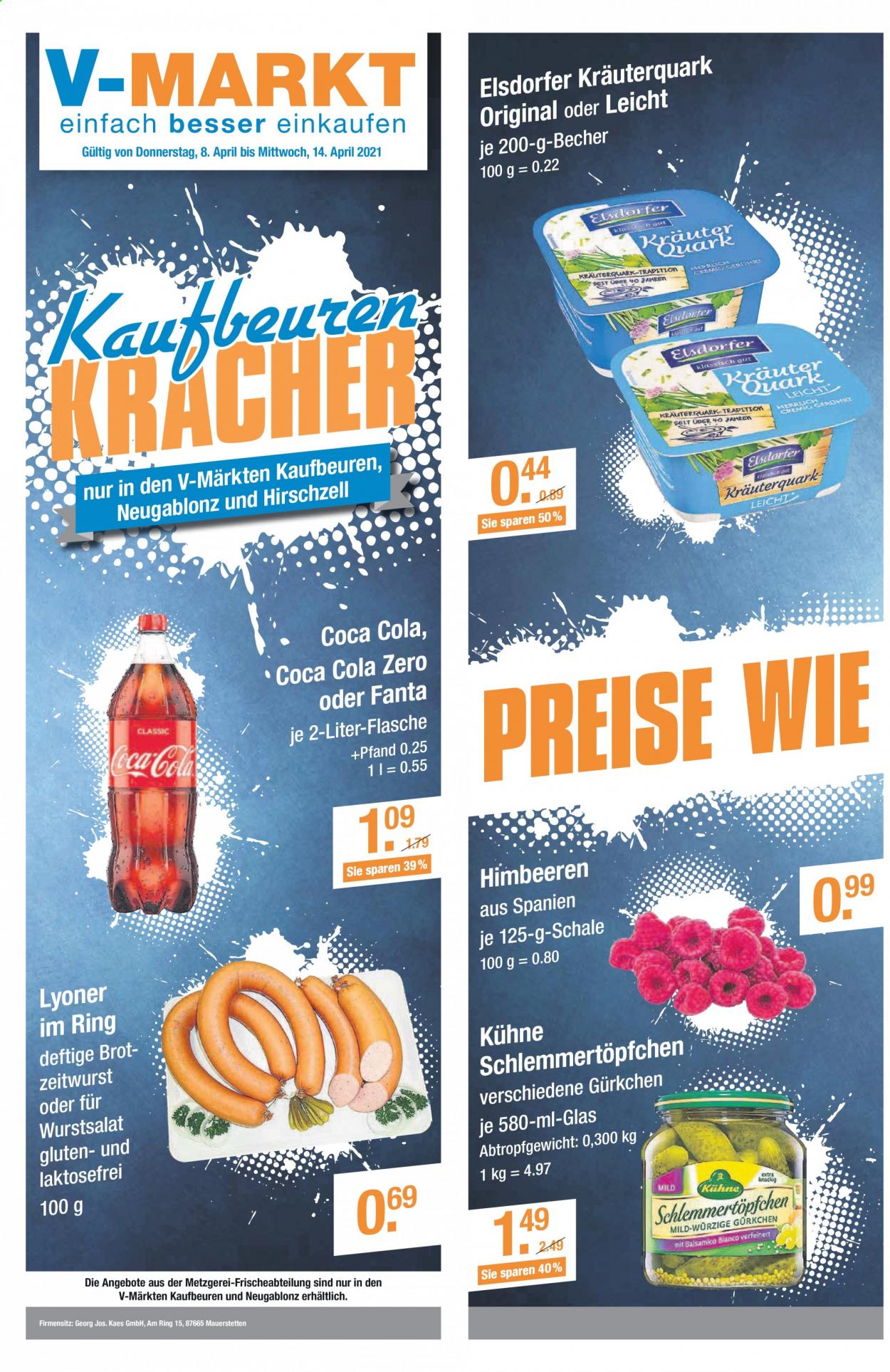 thumbnail - Prospekte V-Markt - 8.04.2021 - 14.04.2021 - Produkte in Aktion - Brot, Himbeeren, Lyoner, Fanta, Coca-Cola, Duschgel. Seite 1.