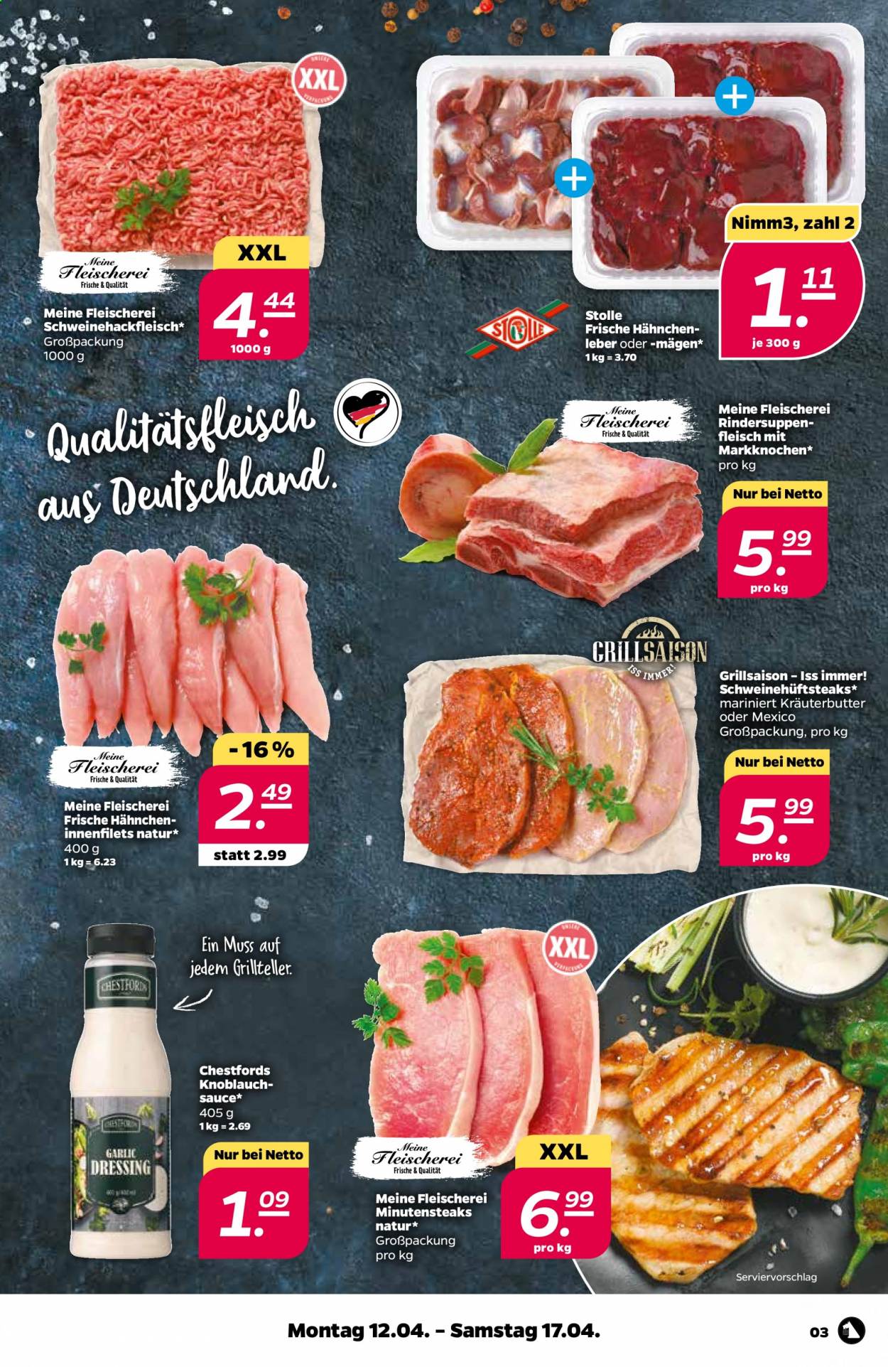 thumbnail - Prospekte Netto - 12.04.2021 - 17.04.2021 - Produkte in Aktion - Knoblauch, Schweinehackfleisch, Dressing. Seite 3.