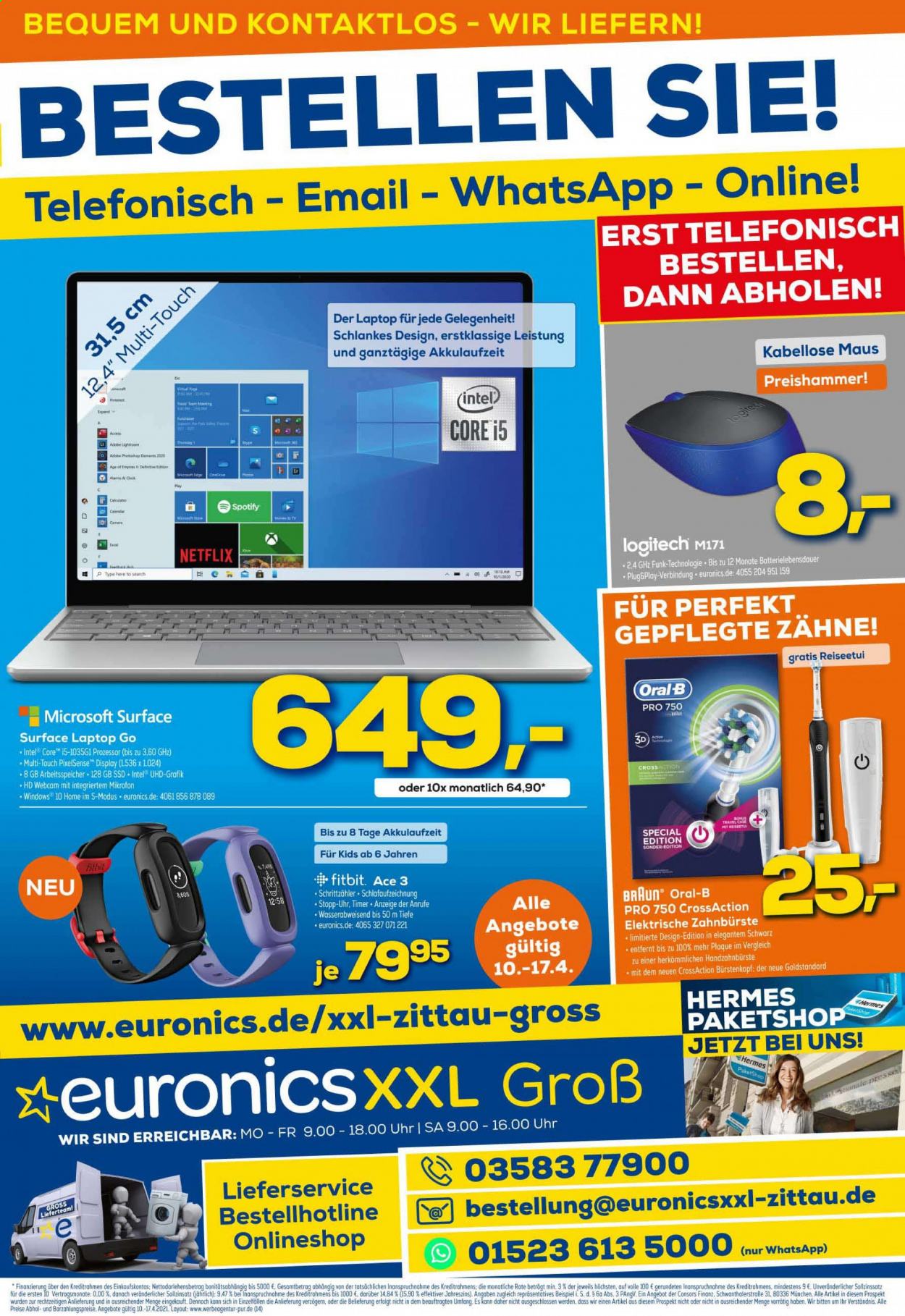 thumbnail - Prospekte Euronics - 10.04.2021 - 16.04.2021 - Produkte in Aktion - Fitbit, Laptop, Maus, Logitech, Elektrische Zahnbürste, Braun. Seite 1.