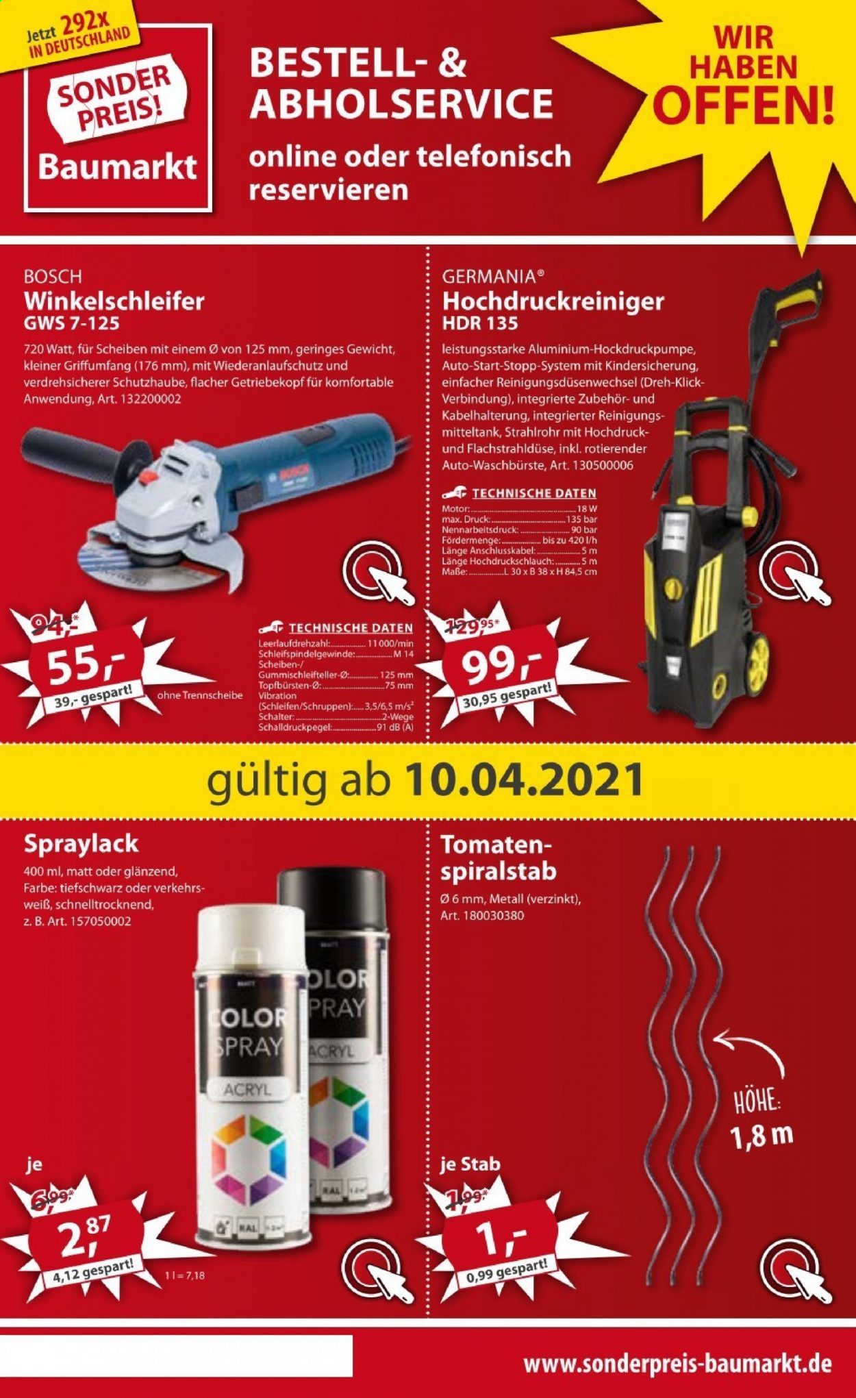 thumbnail - Prospekte Sonderpreis-Baumarkt - 10.04.2021 - 16.04.2021 - Produkte in Aktion - Bosch, Tomaten, Hochdruckreiniger. Seite 1.