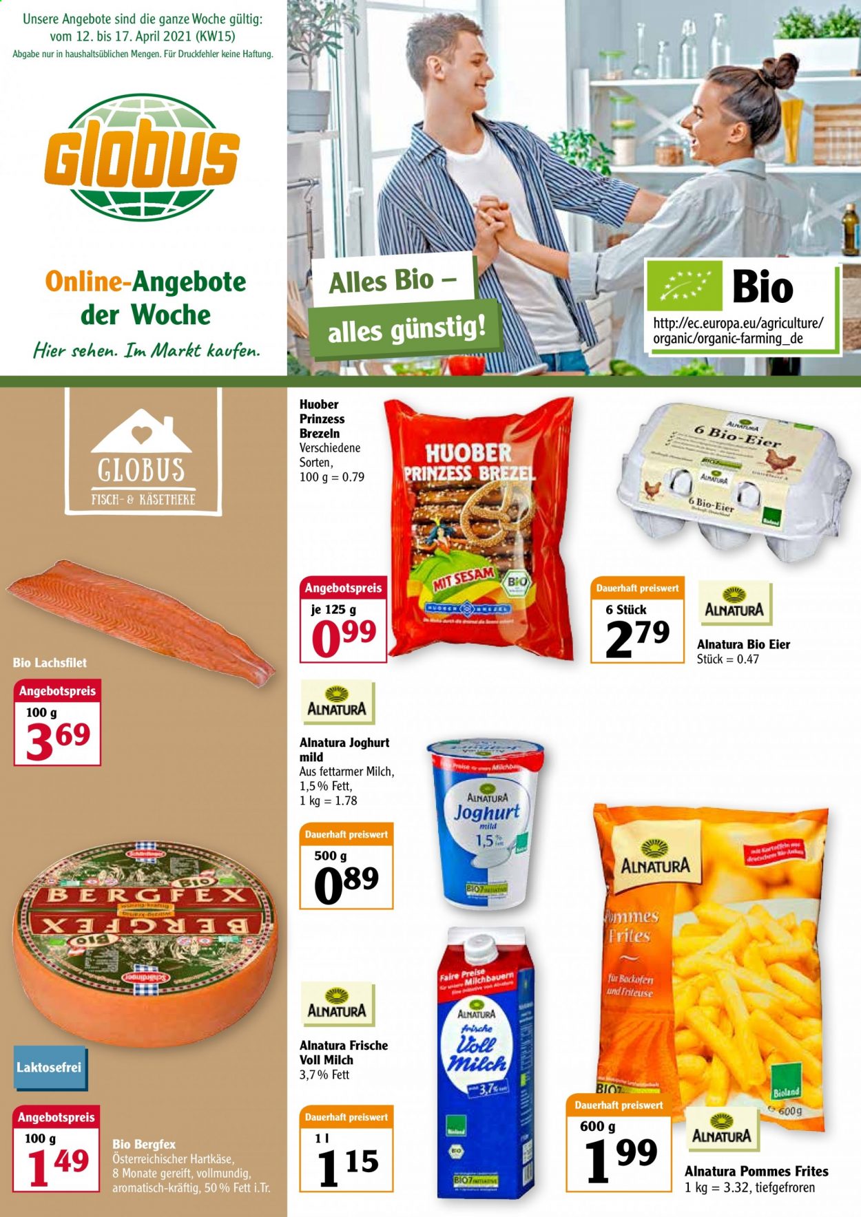 thumbnail - Prospekte Globus - 12.04.2021 - 17.04.2021 - Produkte in Aktion - Lachsfilet, Hartkäse, Joghurt, Milch, Eier, Pommes Frites. Seite 1.